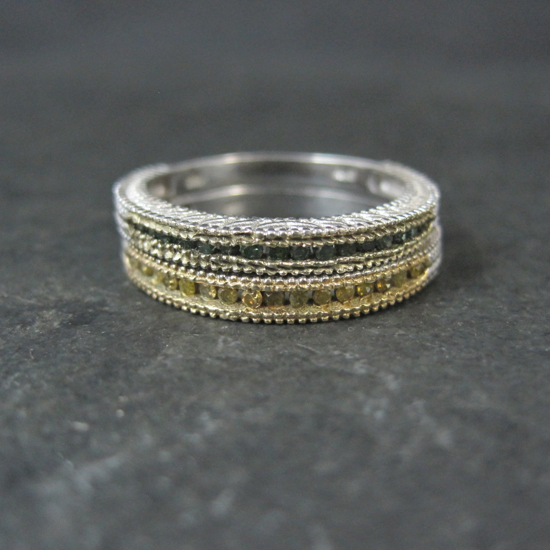 Sterling Silver Green and Yellow Diamond Stacking Rings Size 9 Set of 2 Bands