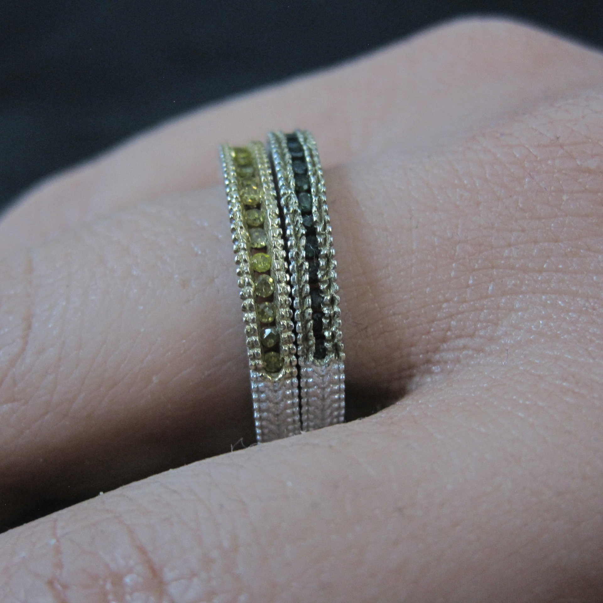 Sterling Silver Green and Yellow Diamond Stacking Rings Size 9 Set of 2 Bands
