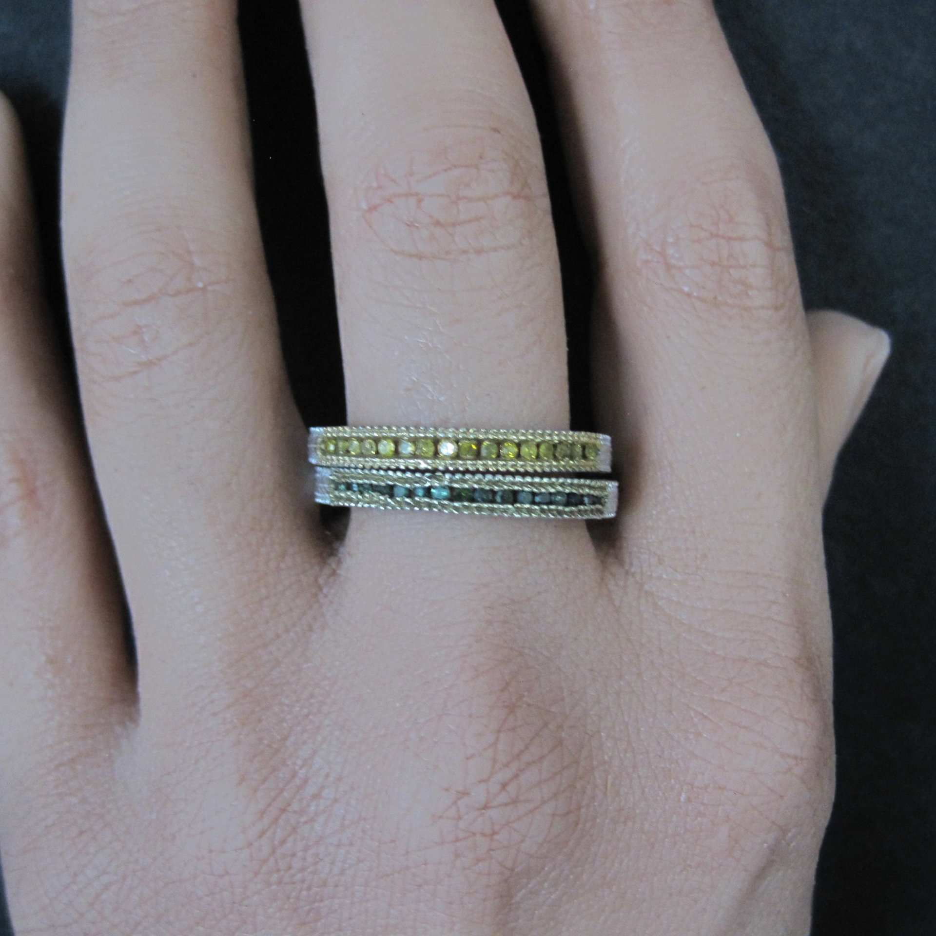 Sterling Silver Green and Yellow Diamond Stacking Rings Size 9 Set of 2 Bands