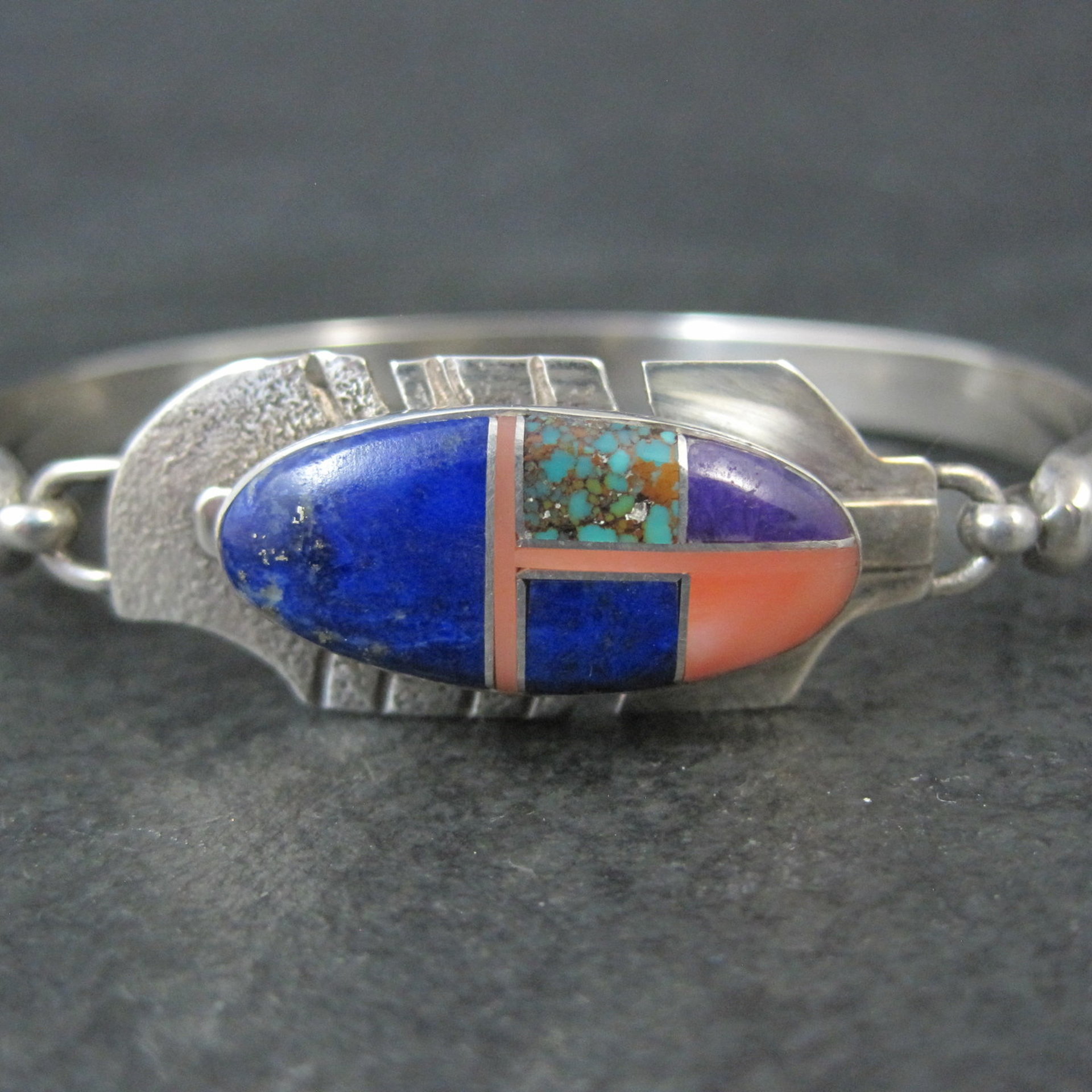 Vintage Navajo Inlaid Feather Bracelet 7 Inches G Howe