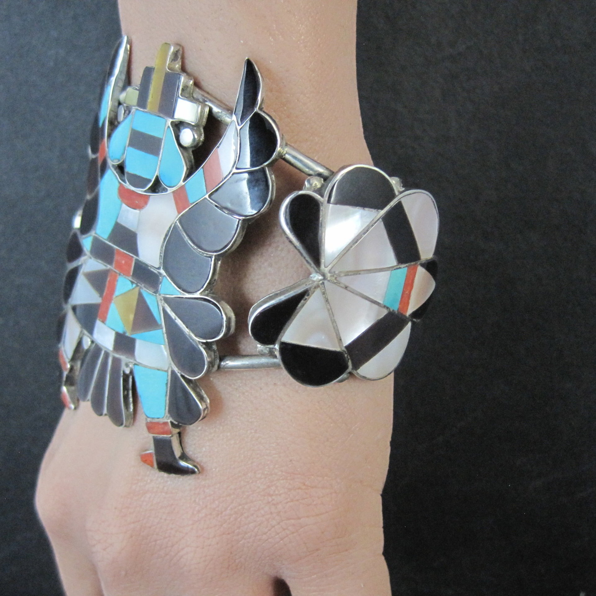 Vintage Zuni Turquoise Coral Inlay Knifewing Cuff Bracelet Annalee Tekala