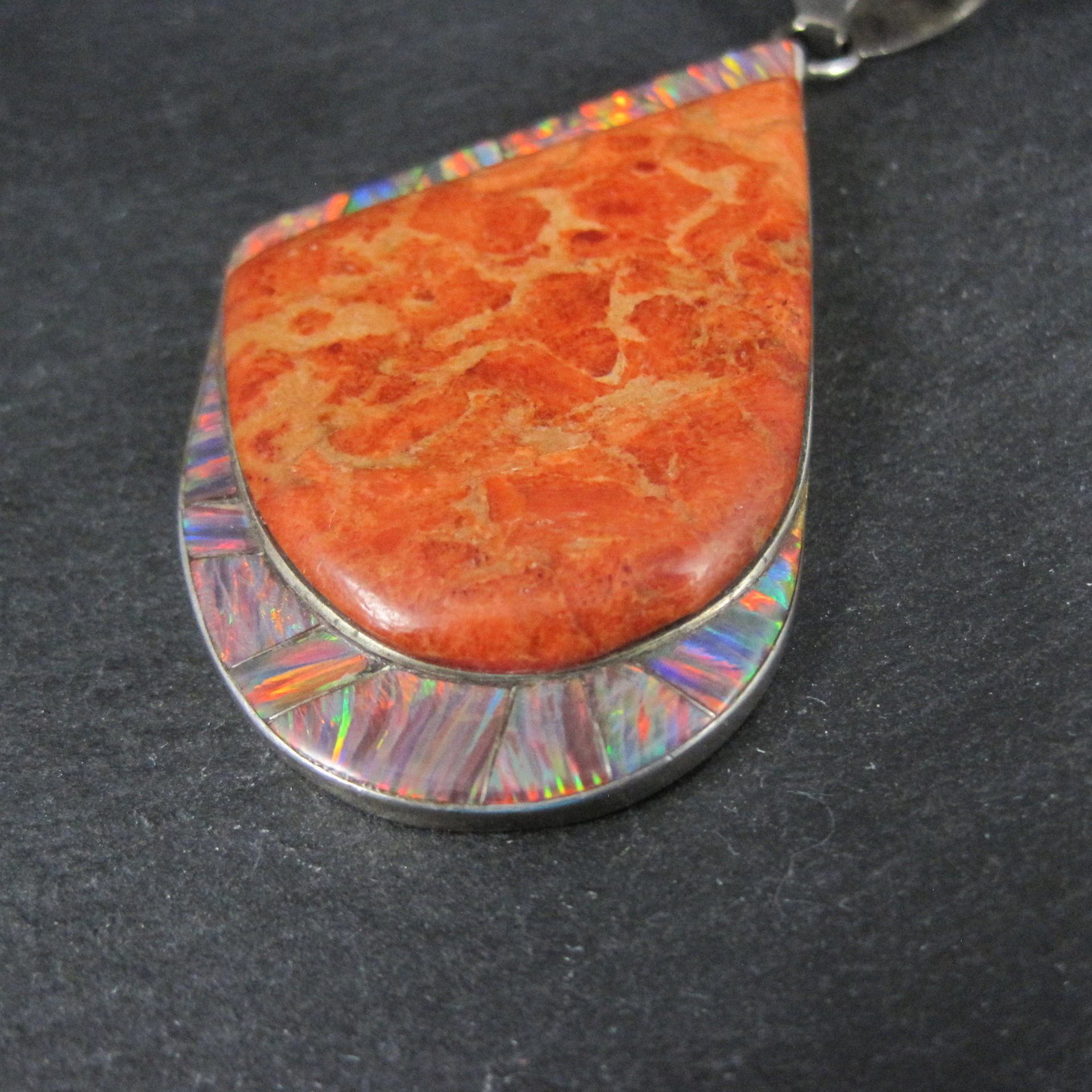 Large Vintage Sponge Coral and Fire Opal Inlay Pendant Zuni Reynetsa Leland 