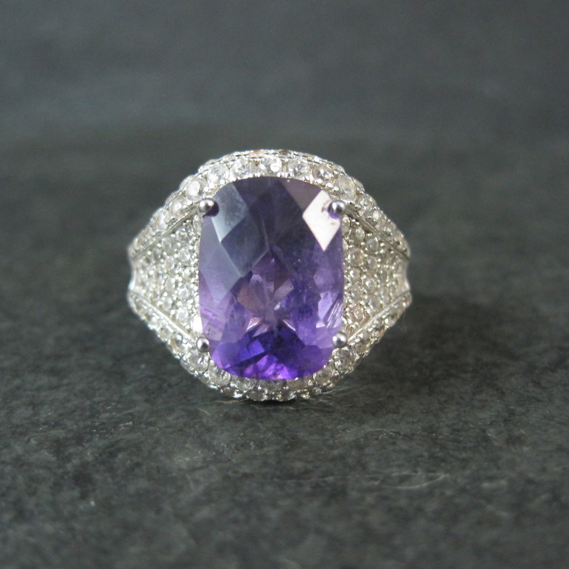 5.50 Carat Amethyst and 3.08 ctw White Zircon Ring in Sterling Silver Size 10