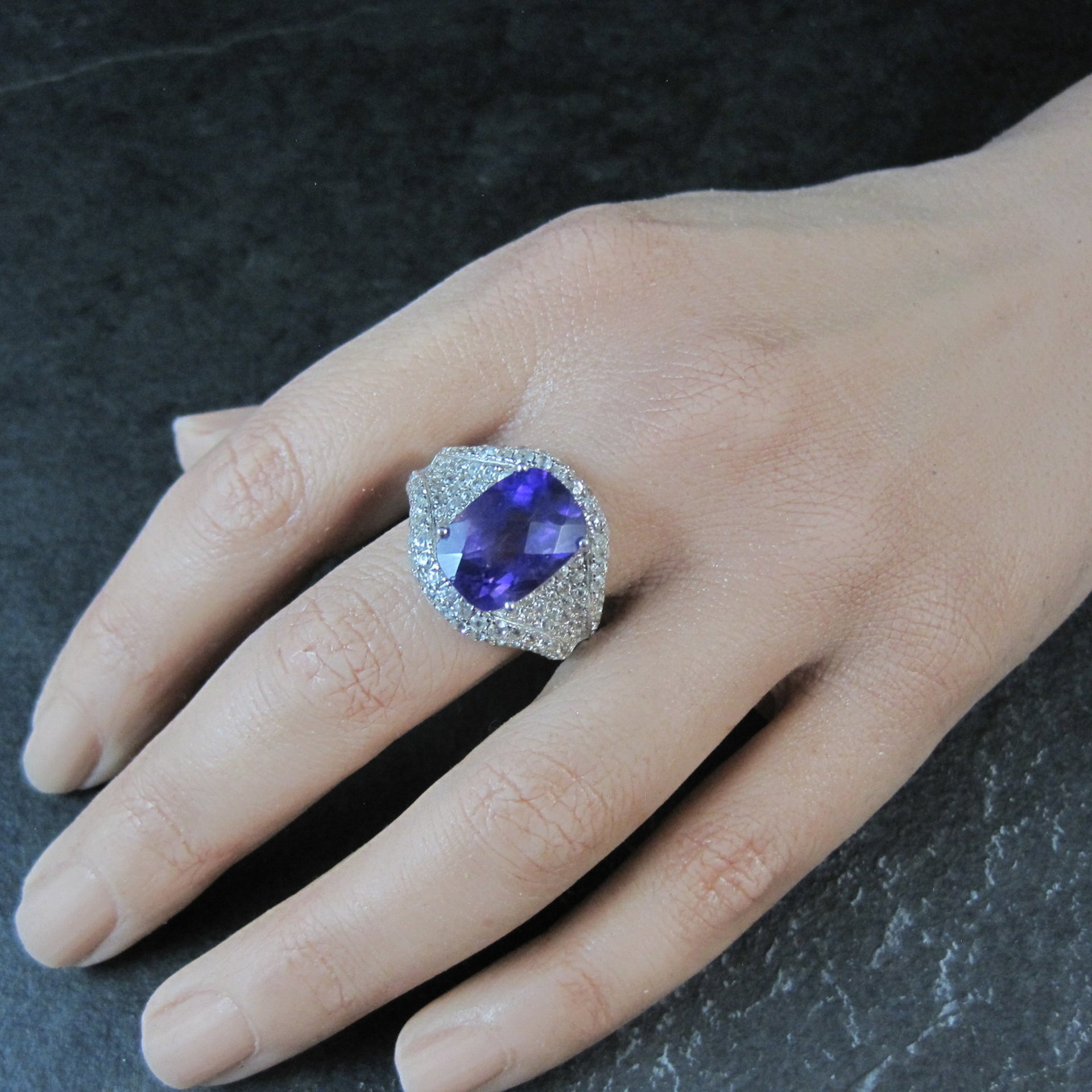 5.50 Carat Amethyst and 3.08 ctw White Zircon Ring in Sterling Silver Size 10