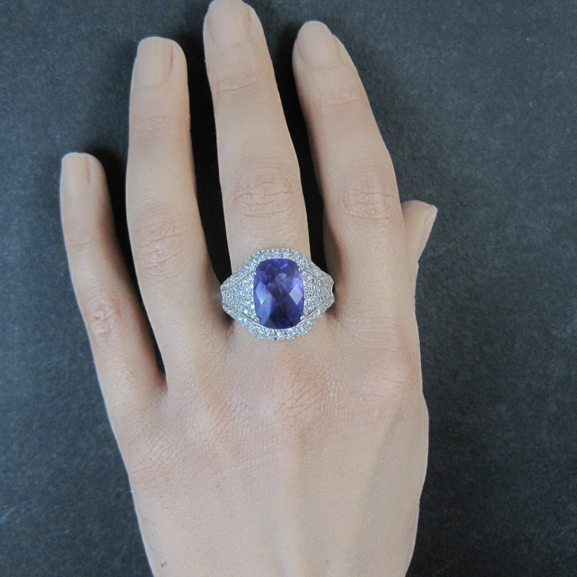 5.50 Carat Amethyst and 3.08 ctw White Zircon Ring in Sterling Silver Size 10