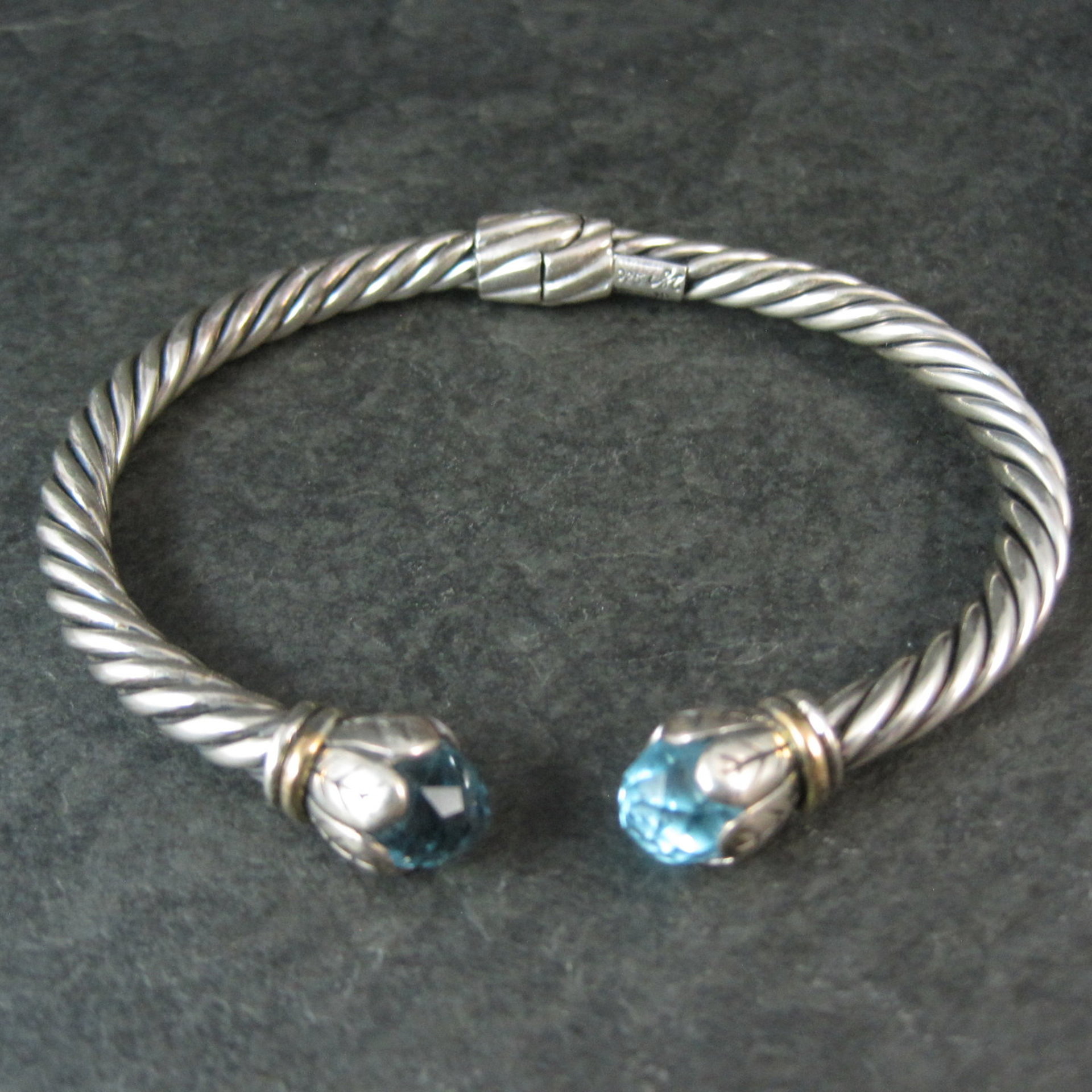 Sterling Silver & 18K Yellow Gold Bangle Bracelet Faceted Topaz Briolettes 6.75"