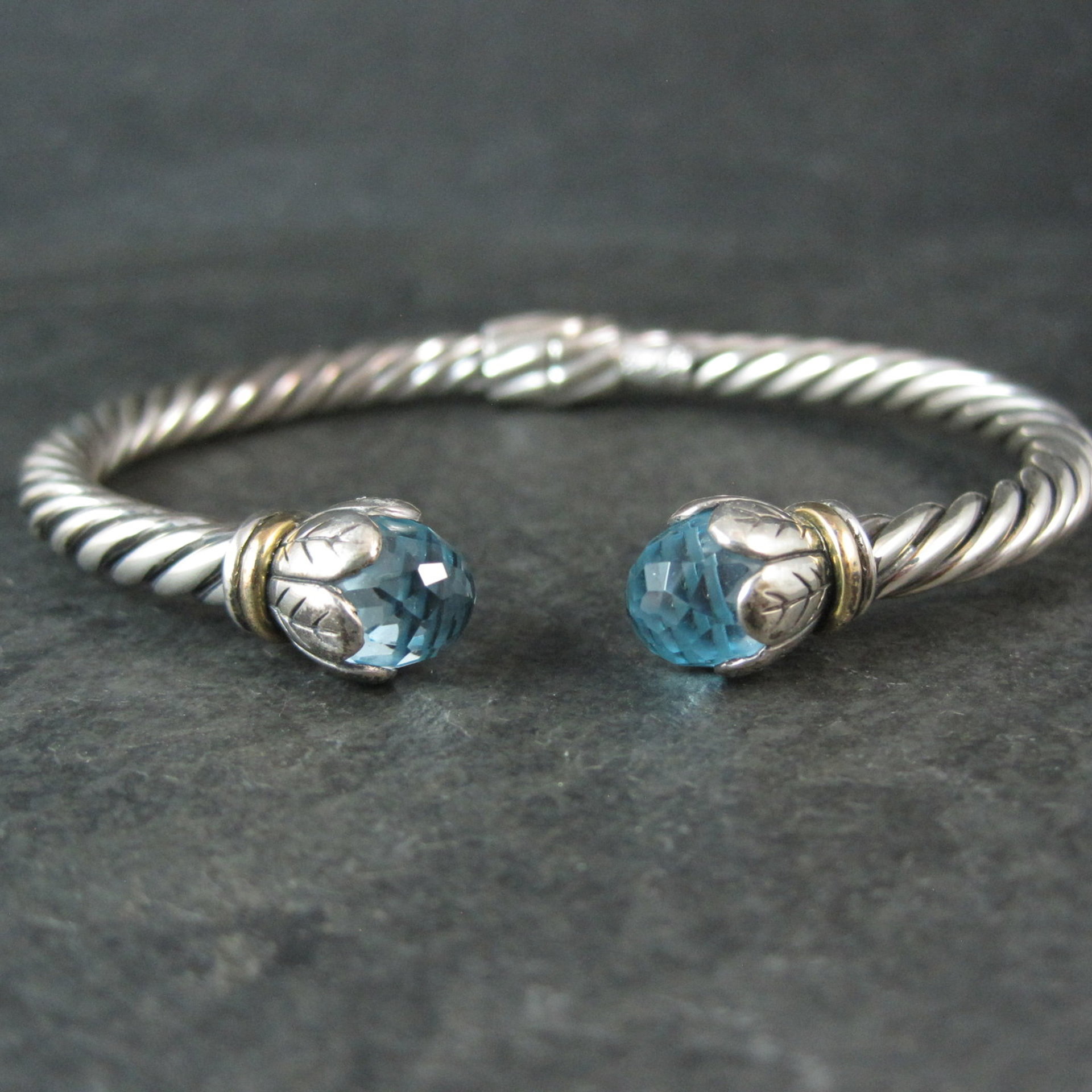 Sterling Silver & 18K Yellow Gold Bangle Bracelet Faceted Topaz Briolettes 6.75"