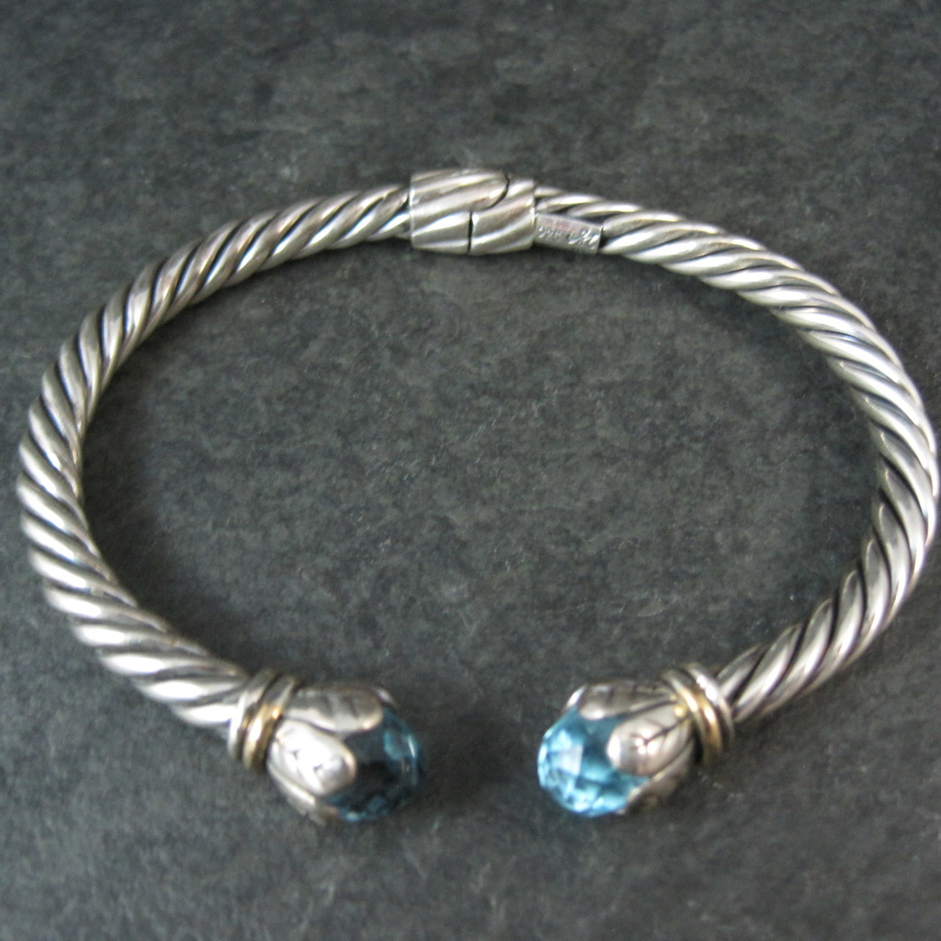 Sterling Silver & 18K Yellow Gold Bangle Bracelet Faceted Topaz Briolettes 6.75"