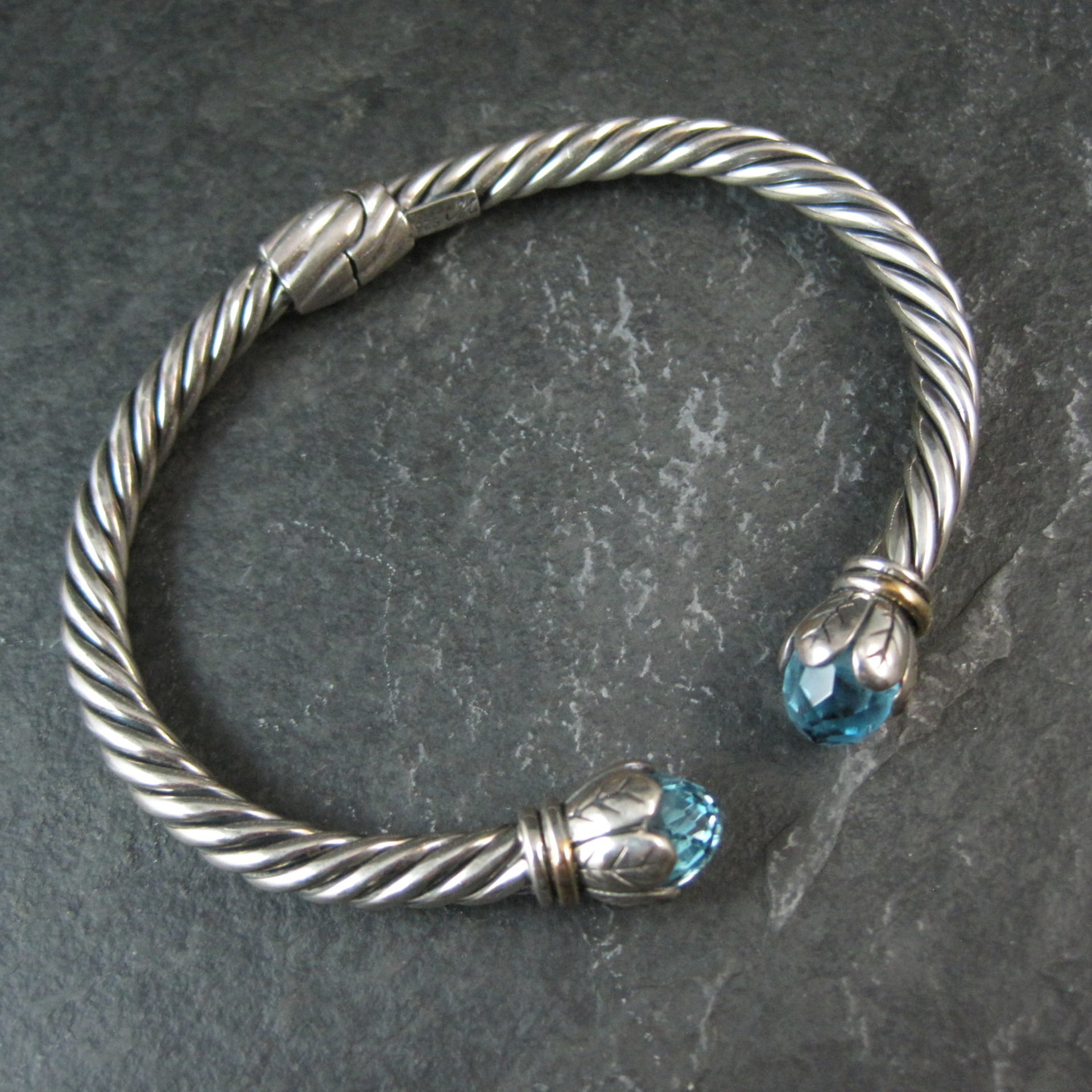 Sterling Silver & 18K Yellow Gold Bangle Bracelet Faceted Topaz Briolettes 6.75"