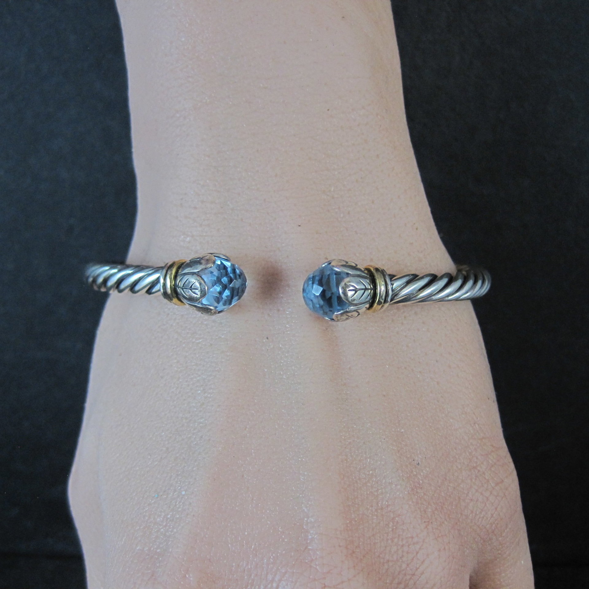Sterling Silver & 18K Yellow Gold Bangle Bracelet Faceted Topaz Briolettes 6.75"