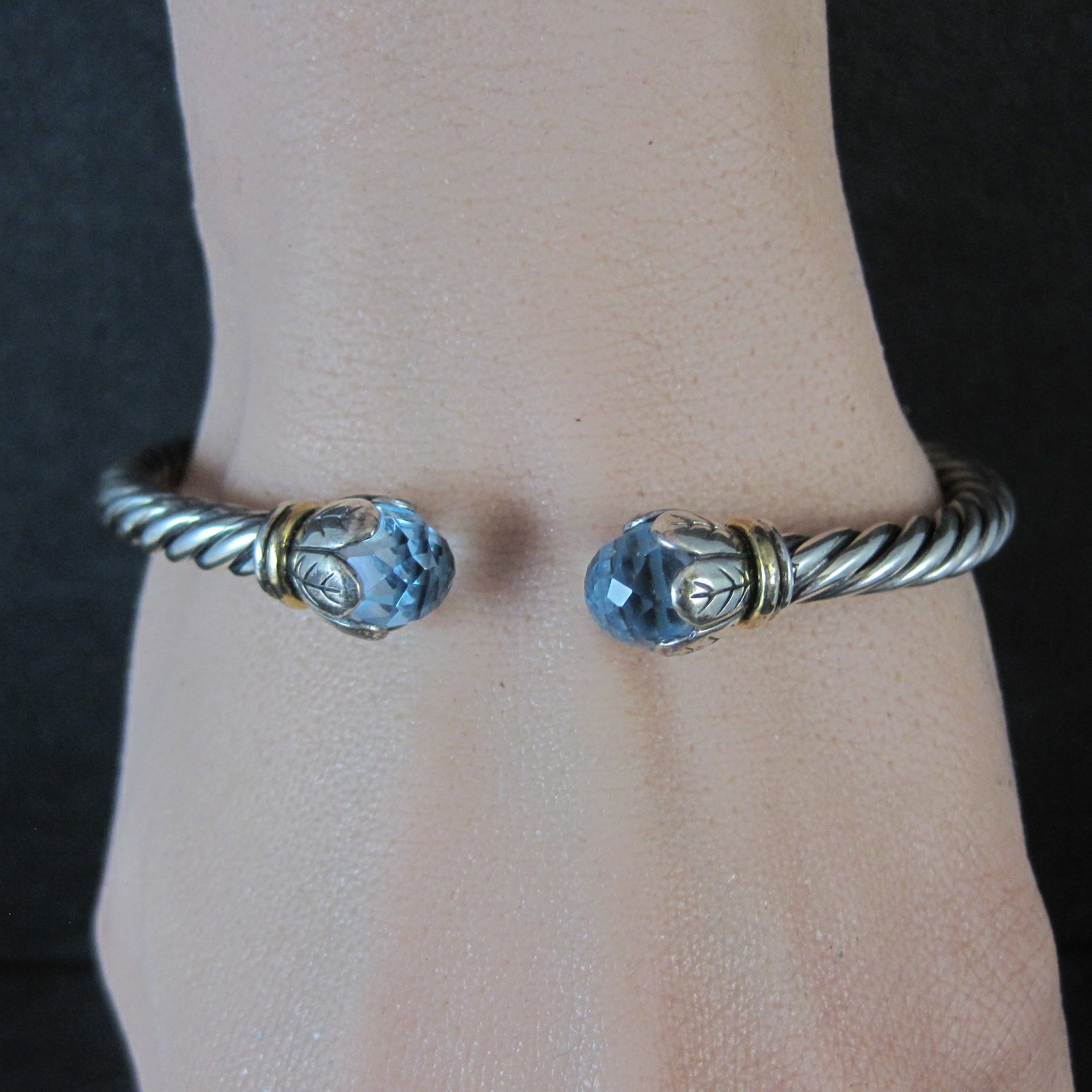 Sterling Silver & 18K Yellow Gold Bangle Bracelet Faceted Topaz Briolettes 6.75"