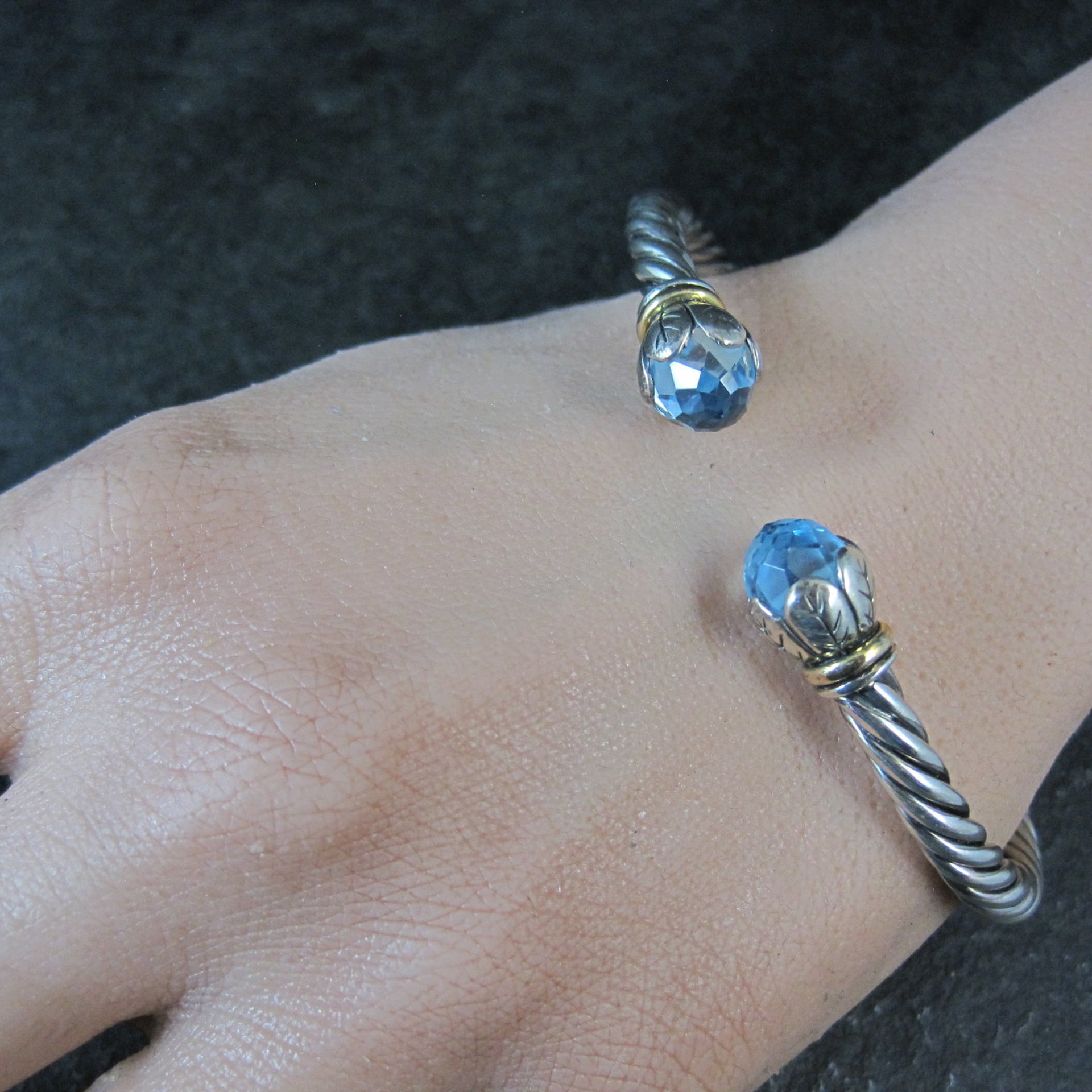 Sterling Silver & 18K Yellow Gold Bangle Bracelet Faceted Topaz Briolettes 6.75"