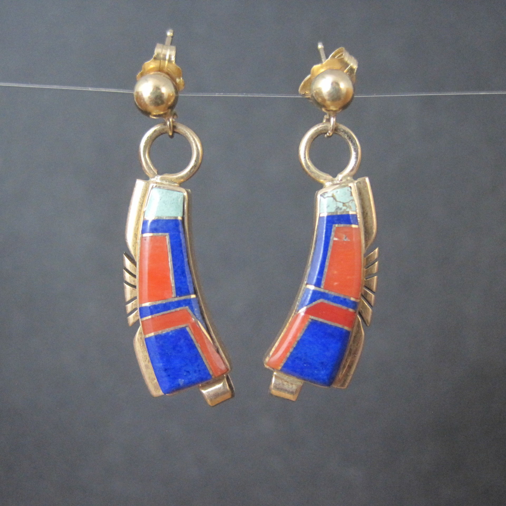 Vintage 14K Lapis Lazuli and Coral Inlay Earrings Native American Navajo