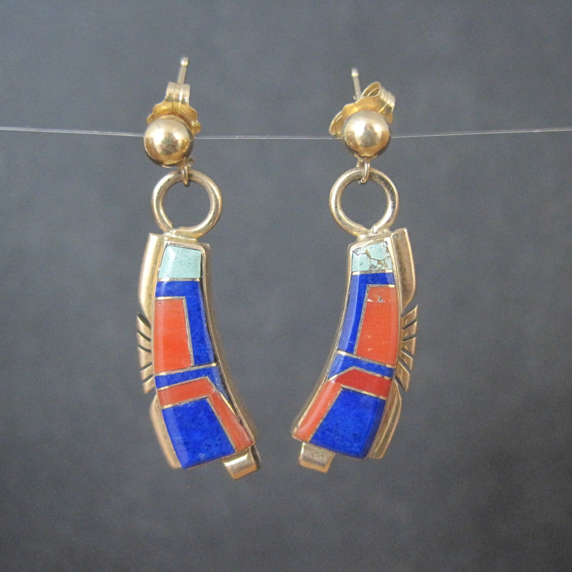 Vintage 14K Lapis Lazuli and Coral Inlay Earrings Native American Navajo