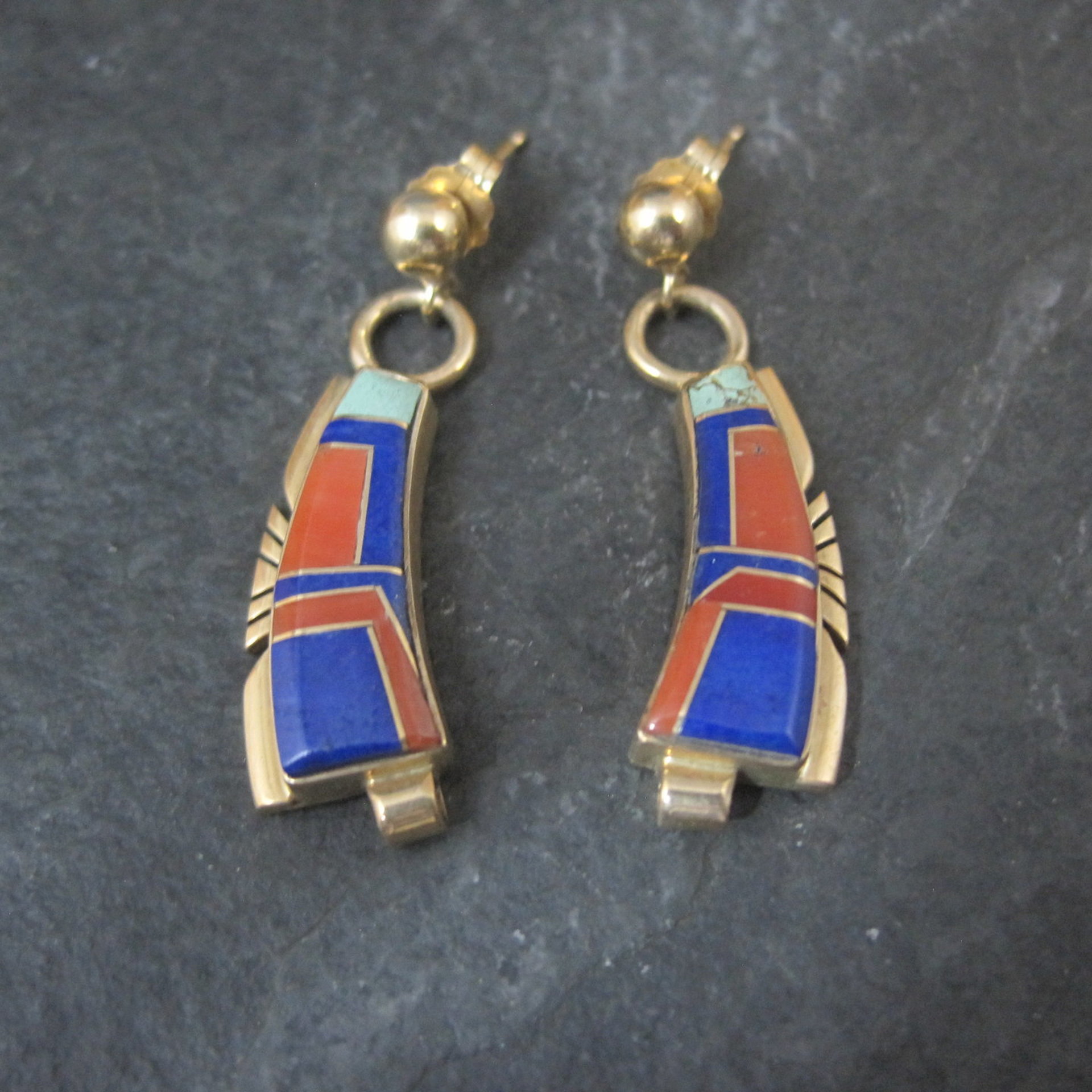 Vintage 14K Lapis Lazuli and Coral Inlay Earrings Native American Navajo