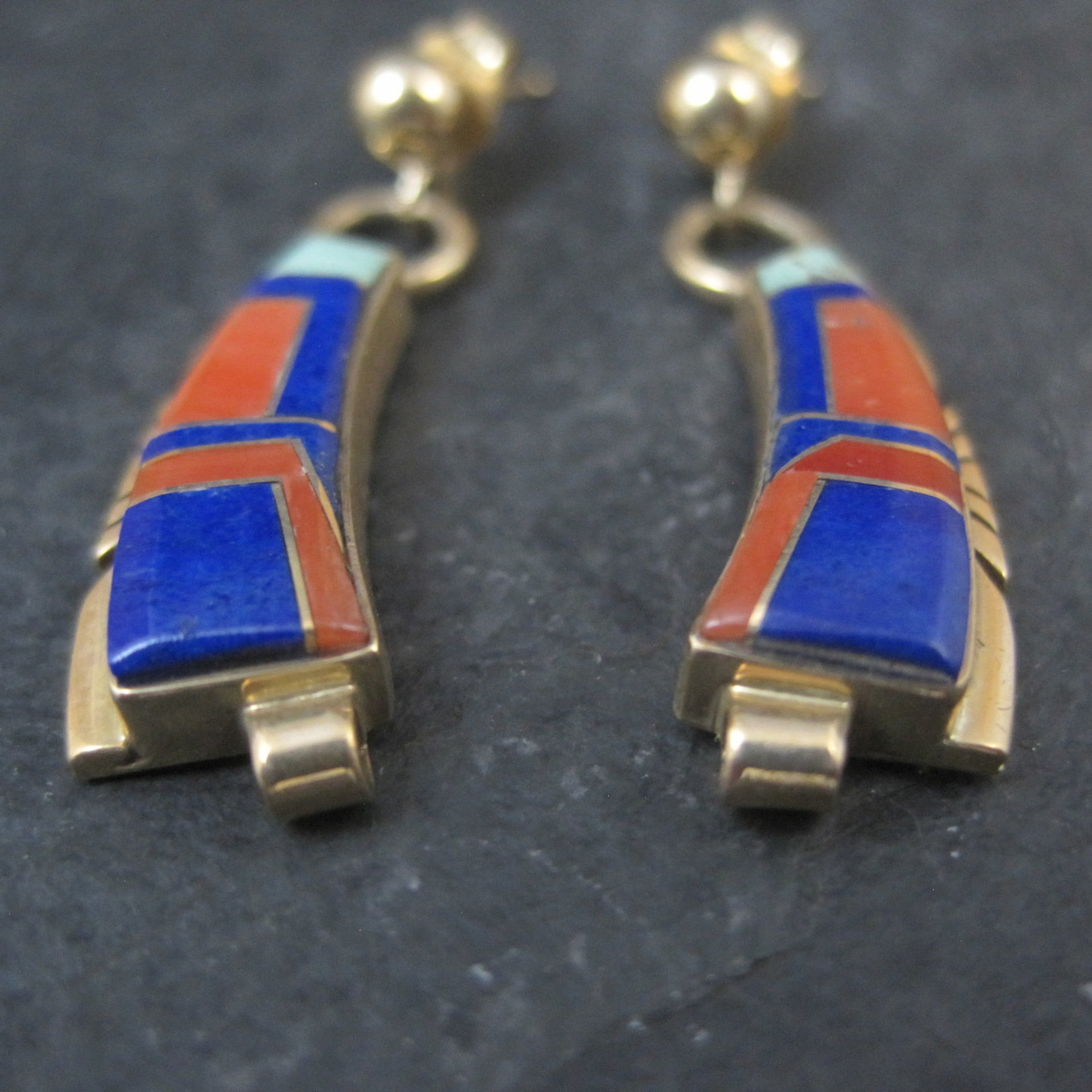 Vintage 14K Lapis Lazuli and Coral Inlay Earrings Native American Navajo