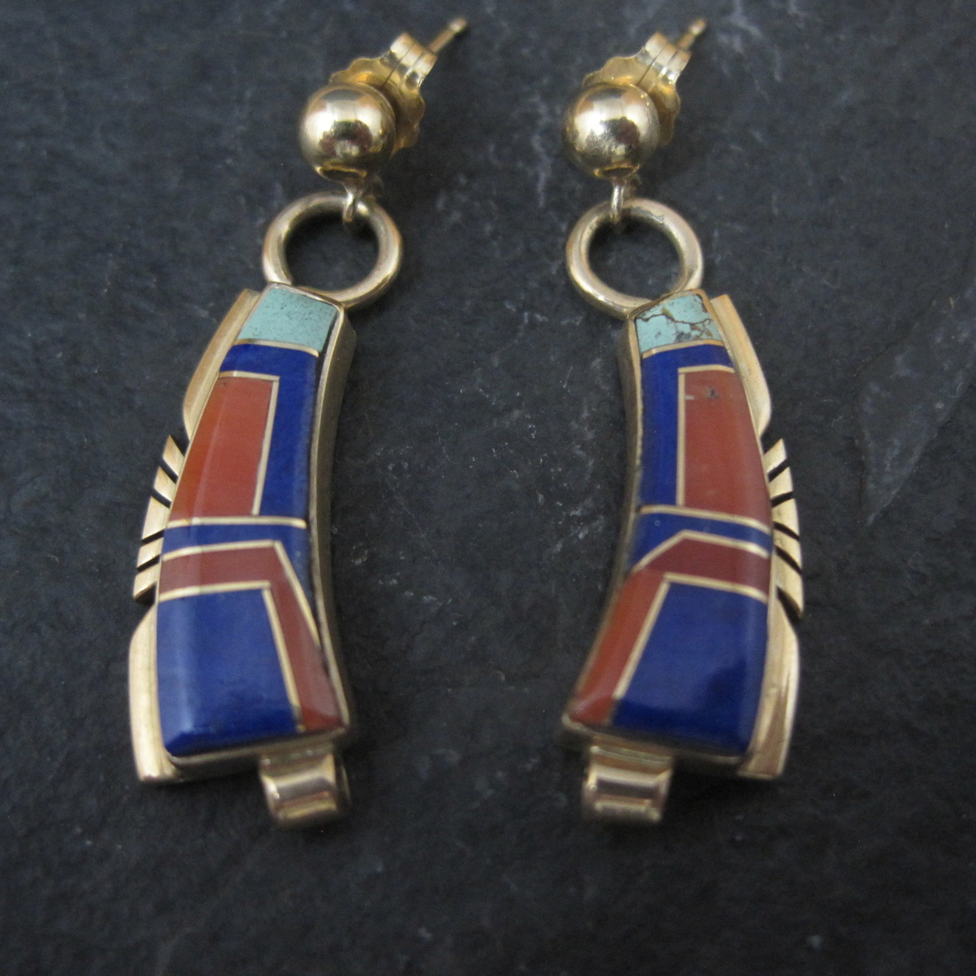 Vintage 14K Lapis Lazuli and Coral Inlay Earrings Native American Navajo