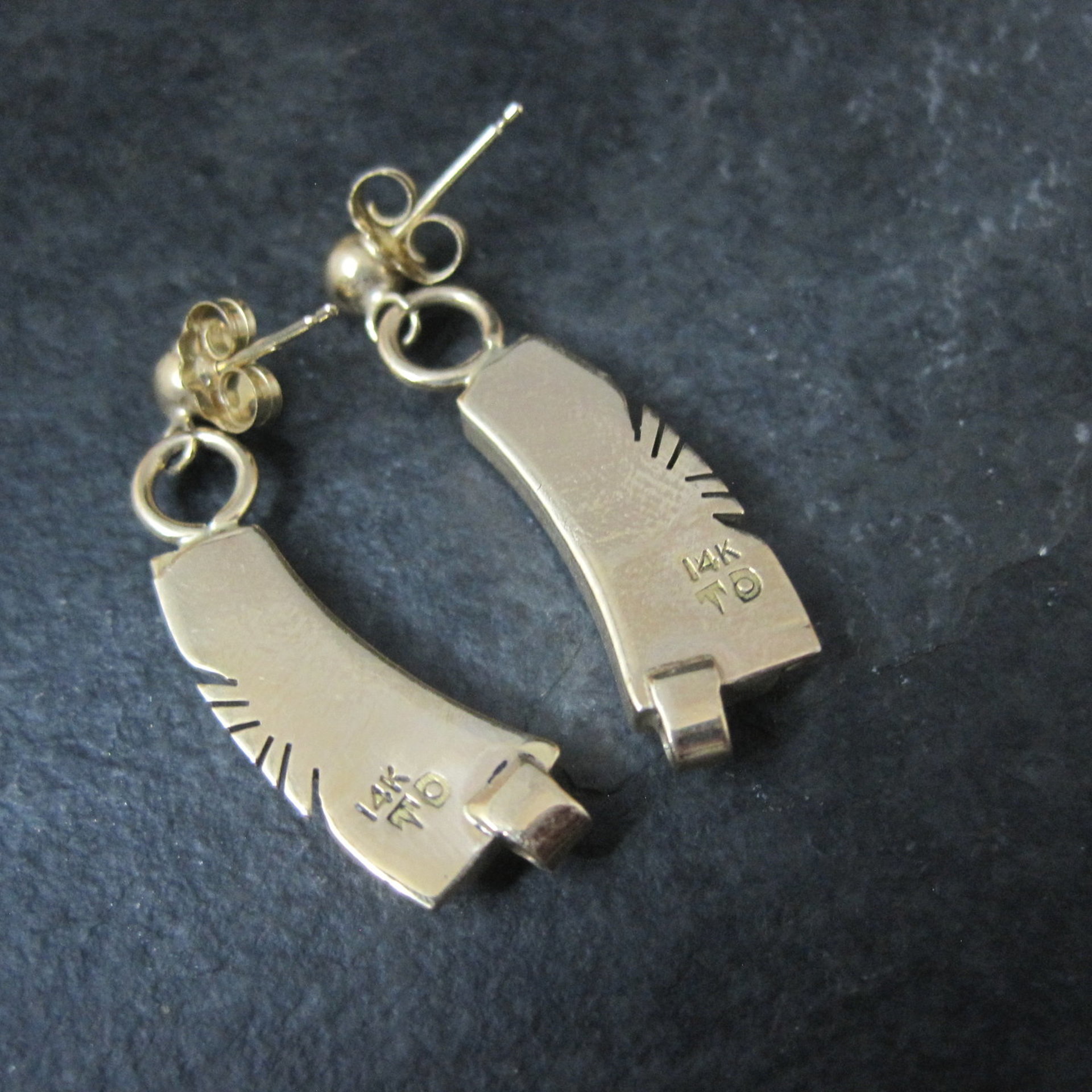 Vintage 14K Lapis Lazuli and Coral Inlay Earrings Native American Navajo
