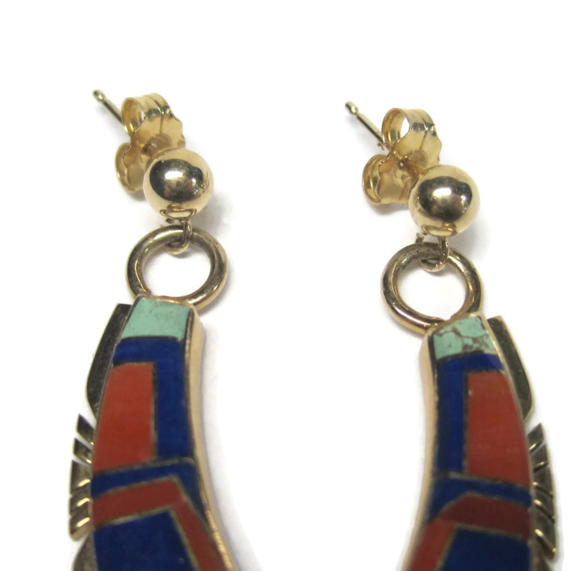 Vintage 14K Lapis Lazuli and Coral Inlay Earrings Native American Navajo