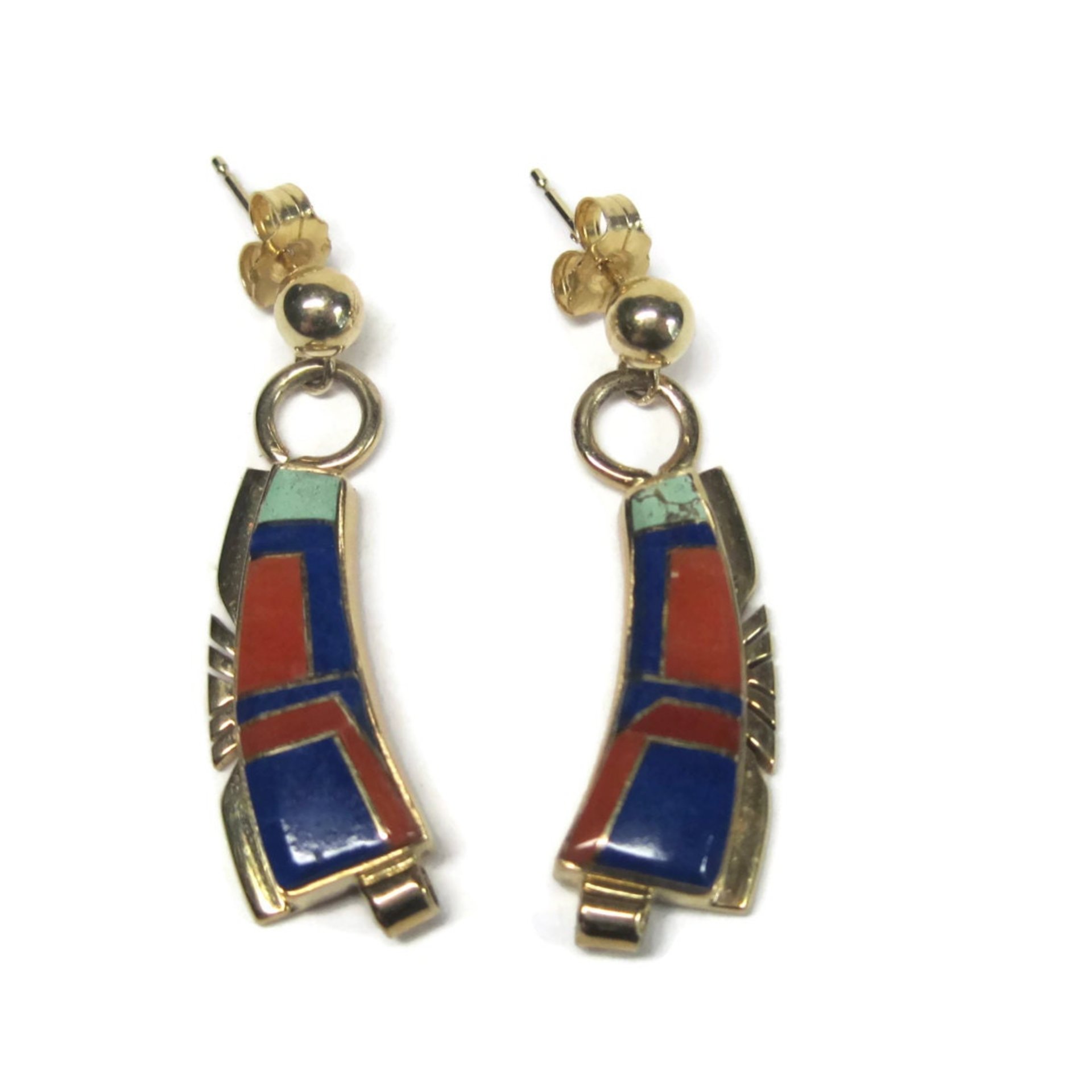 Vintage 14K Lapis Lazuli and Coral Inlay Earrings Native American Navajo