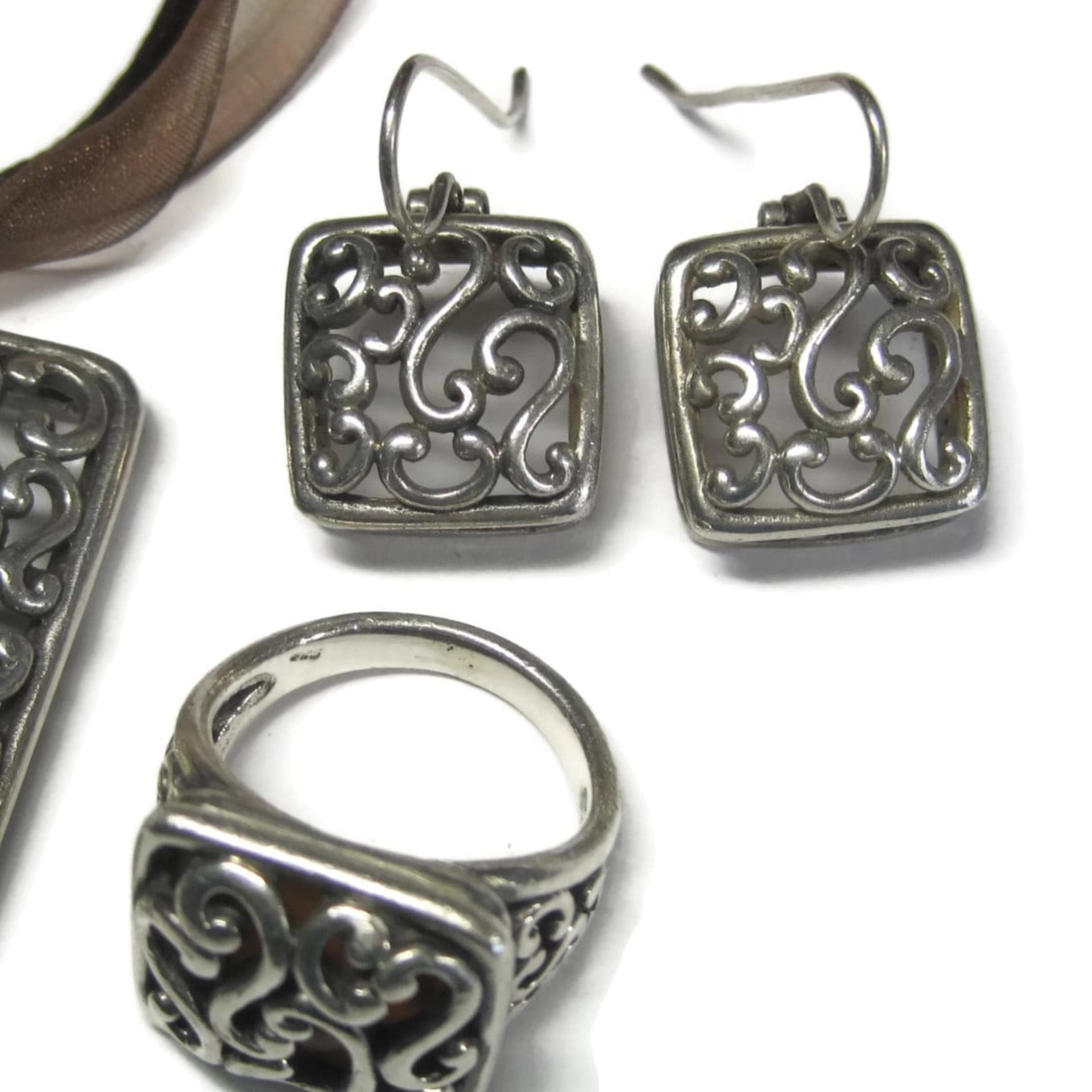 Vintage 90s Filigree Jewelry Set Sterling Necklace Earrings Ring Size 7