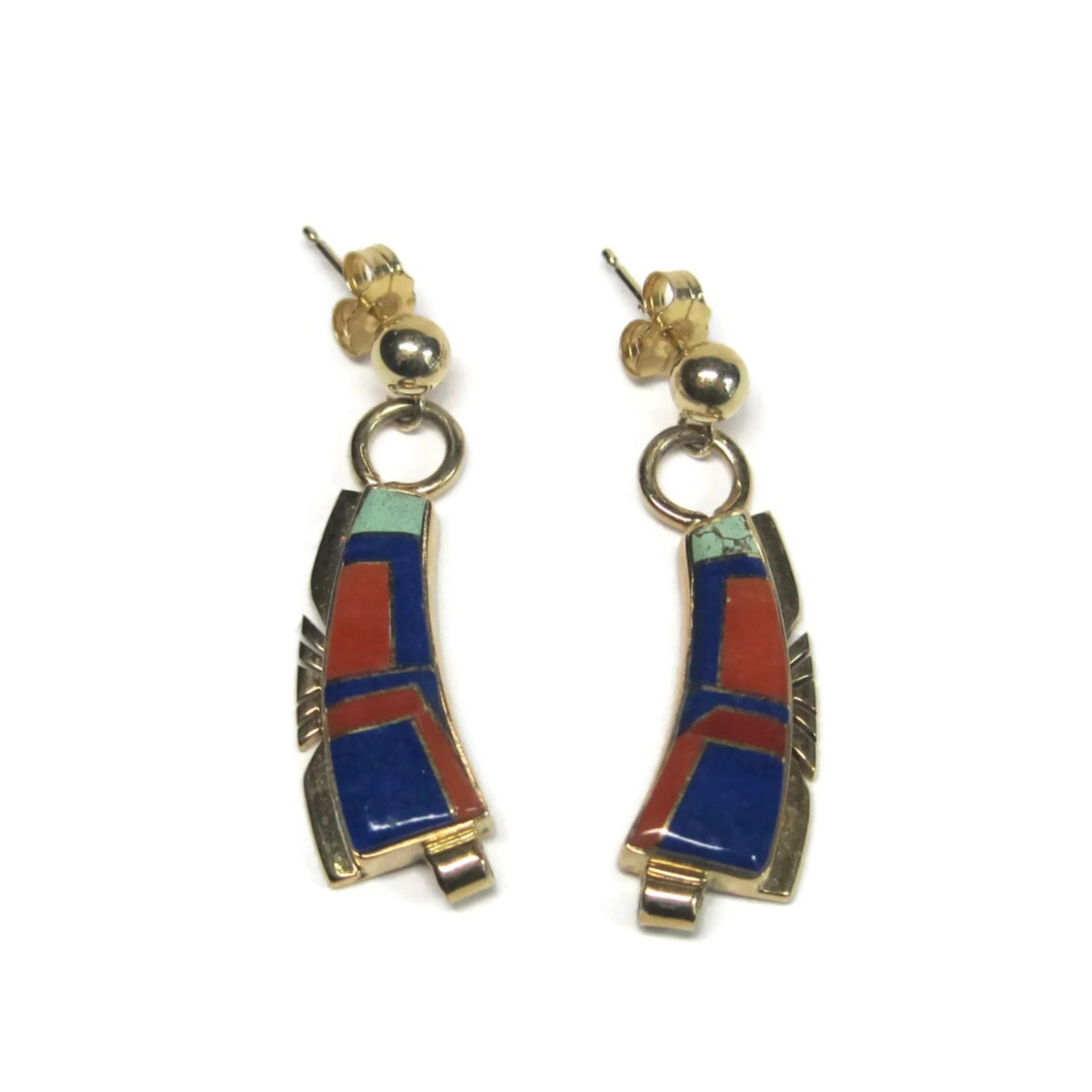 Vintage 14K Lapis Lazuli and Coral Inlay Earrings Native American Navajo