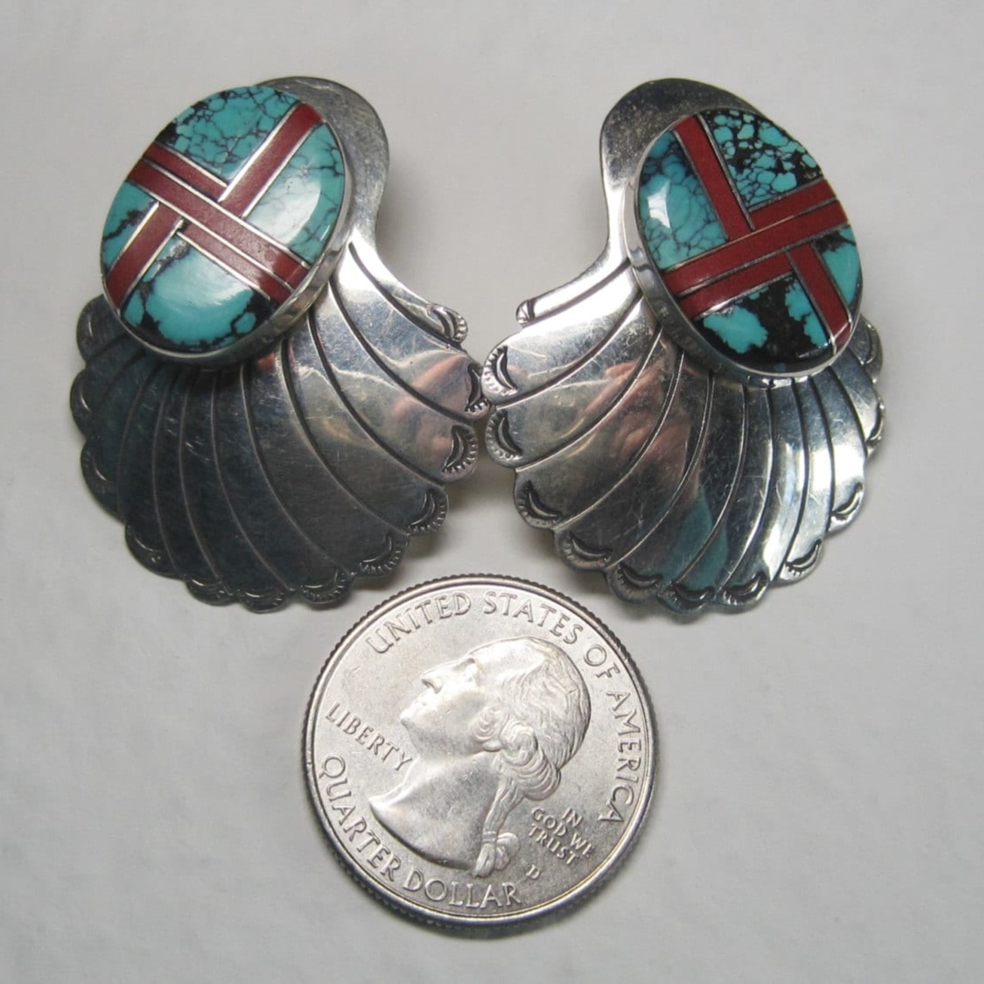 Large Vintage Sterling Navajo Turquoise Coral Inlay Earrings