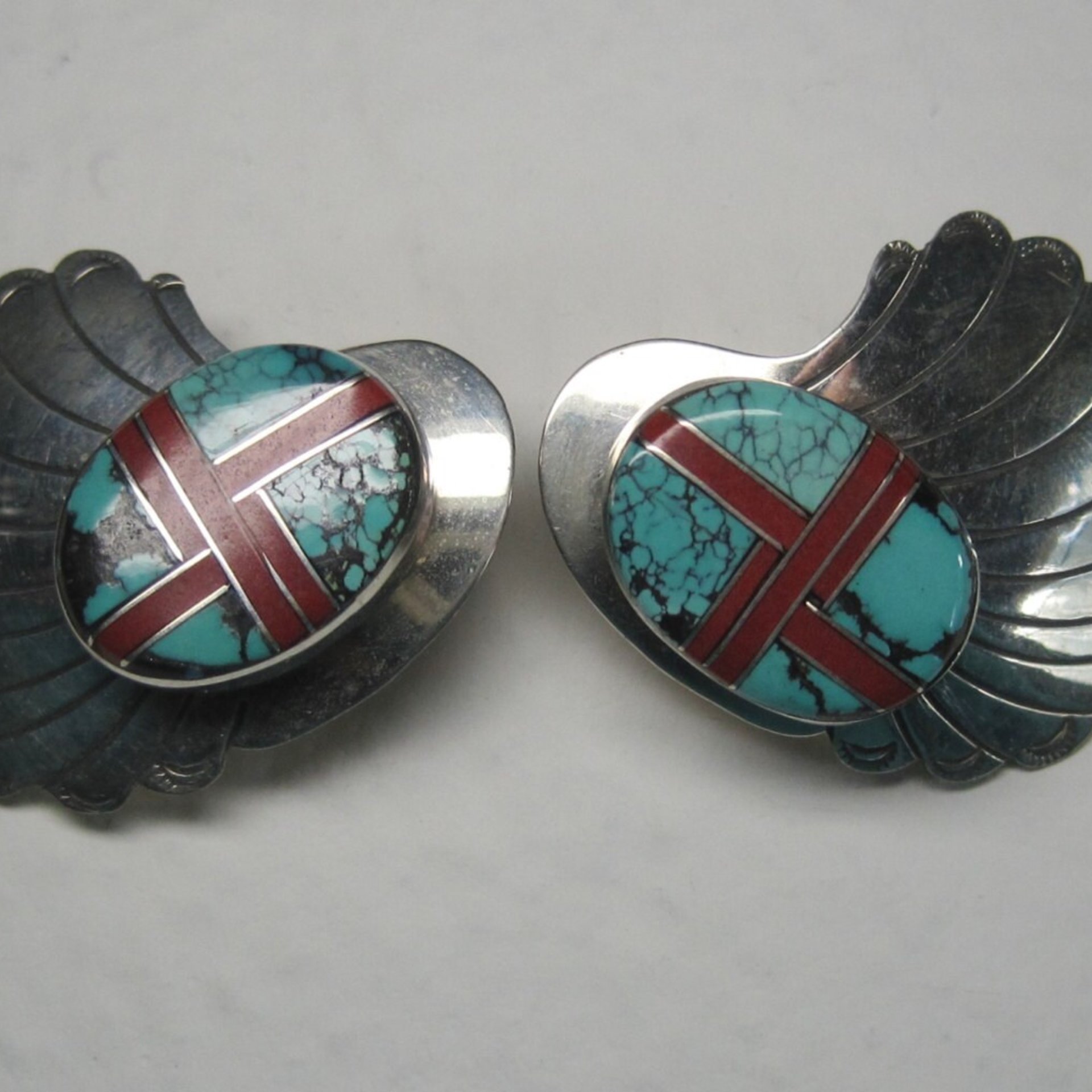 Large Vintage Sterling Navajo Turquoise Coral Inlay Earrings