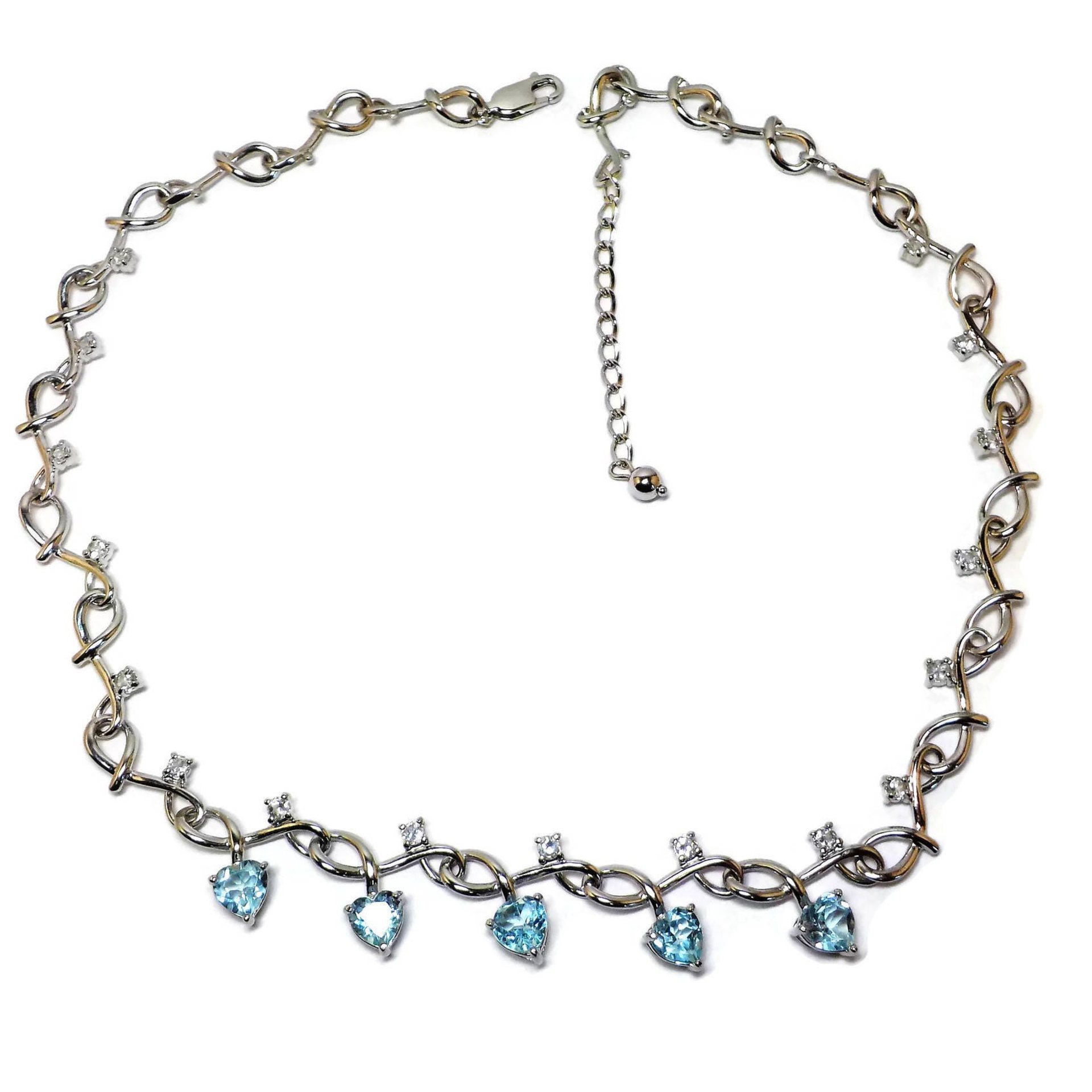 White Zircon Blue Topaz Heart Necklace 18 Inches