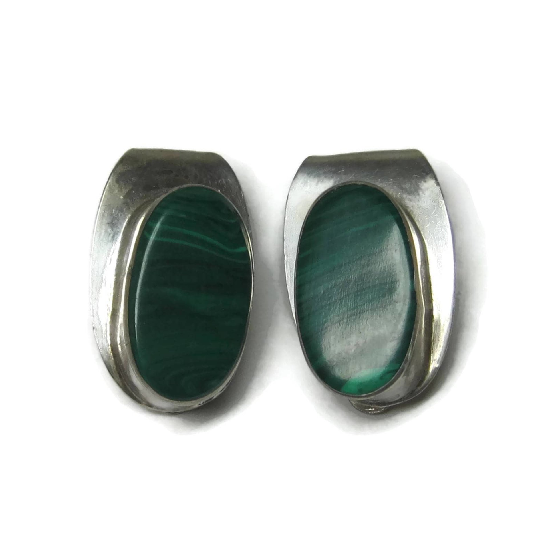 Vintage Mexican Sterling Malachite Clip On Earrings