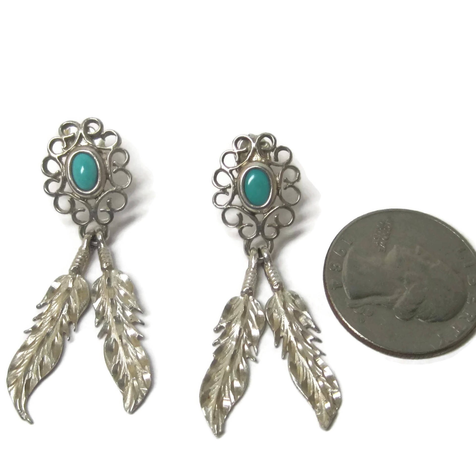 Vintage Southwestern Sterling Turquoise Feather Earrings