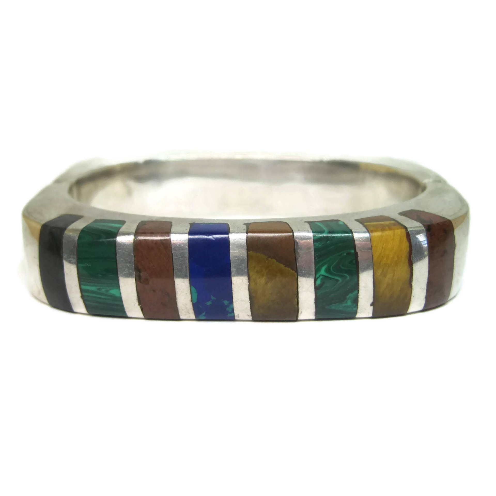 Heavy Mexican Sterling Inlaid Bangle Bracelet