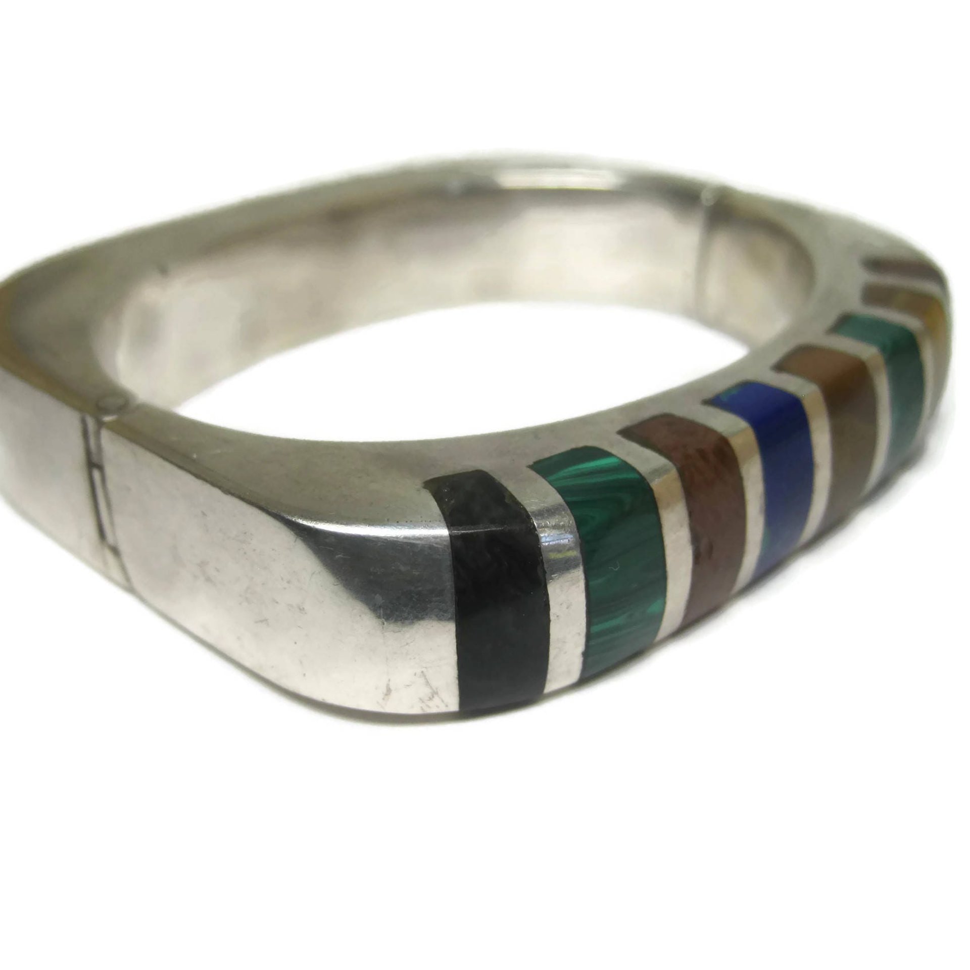 Heavy Mexican Sterling Inlaid Bangle Bracelet