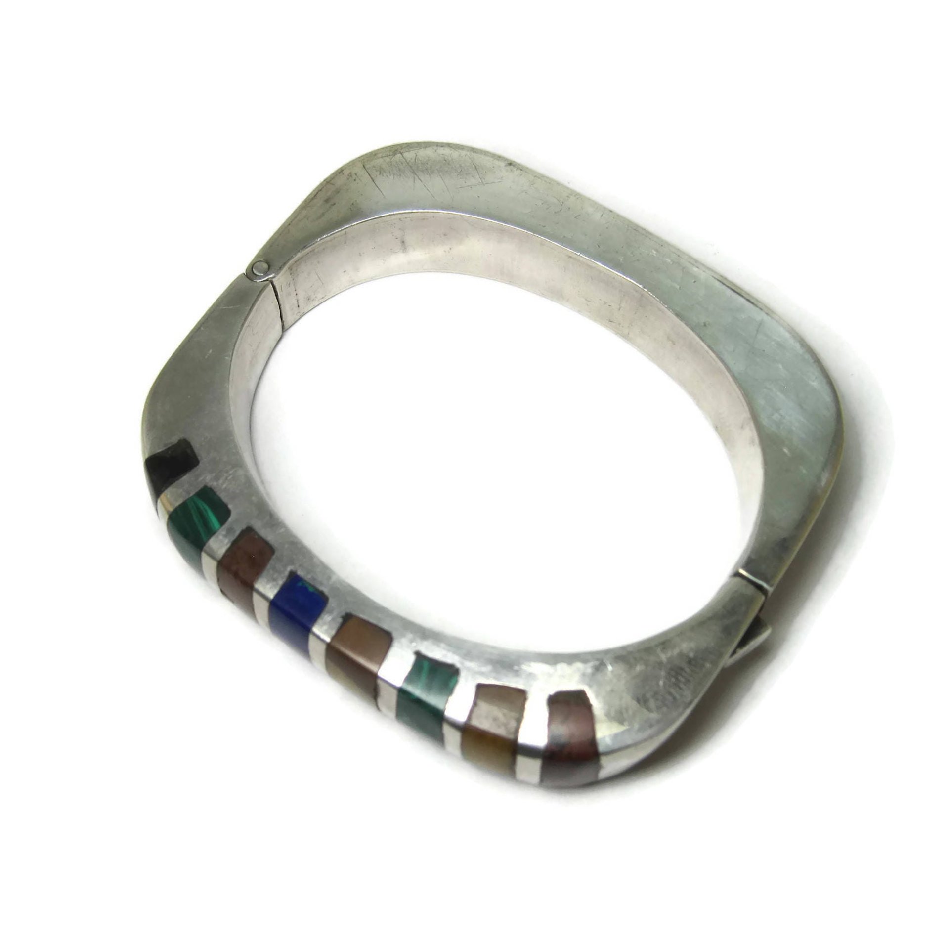 Heavy Mexican Sterling Inlaid Bangle Bracelet