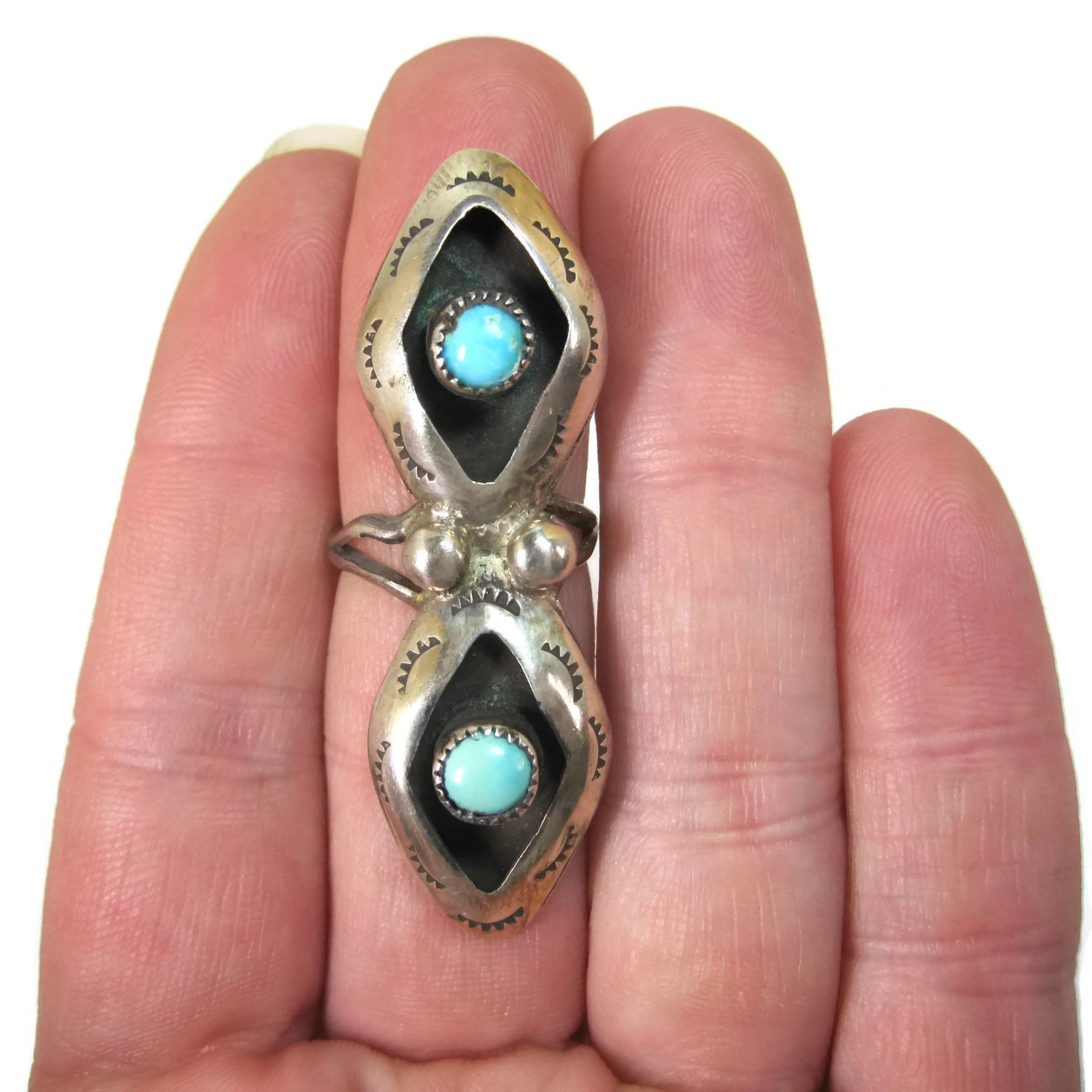 Long Vintage Turquoise Shadowbox Ring Dead Pawn Size 5