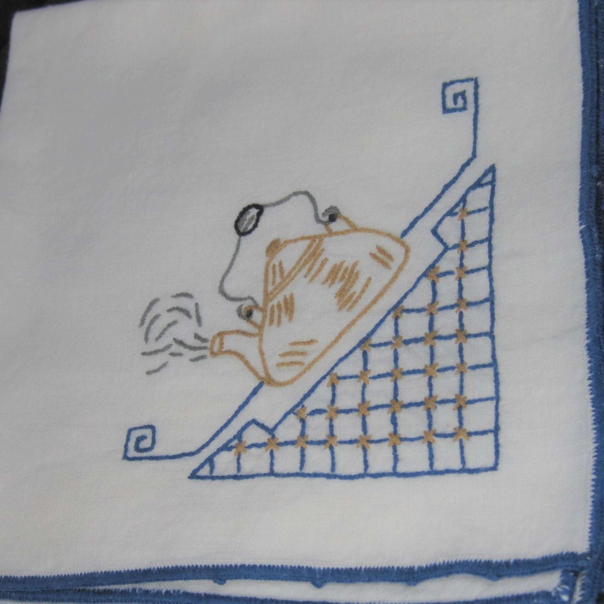 Vintage Hand Embroidered Teapot Napkins Blue White Gold Set of 4