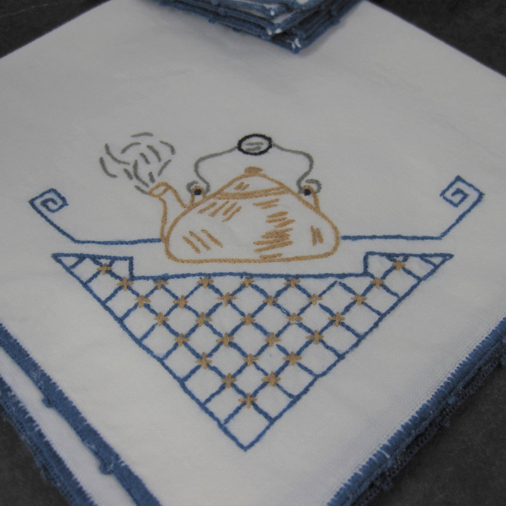 Vintage Hand Embroidered Teapot Napkins Blue White Gold Set of 4