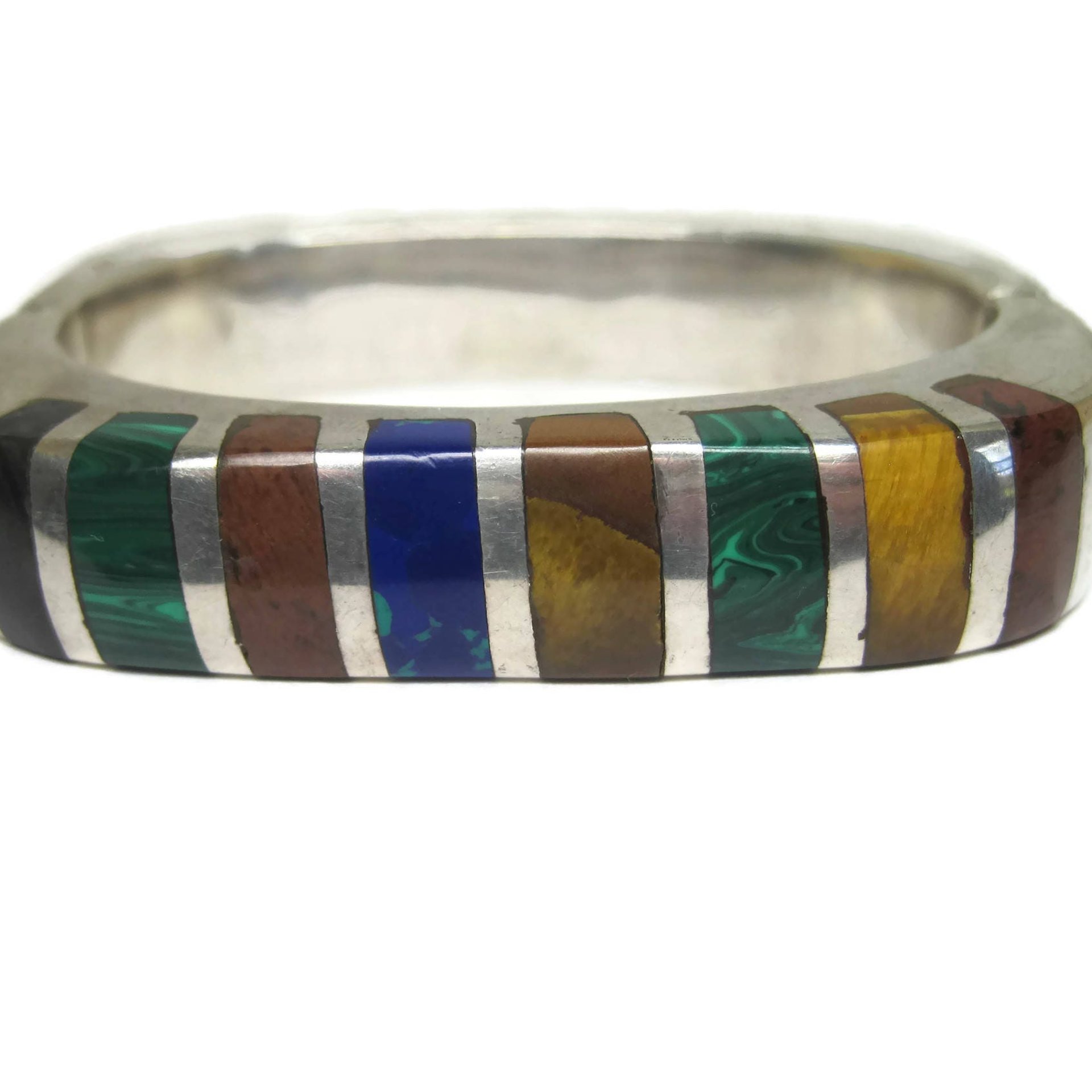 Heavy Mexican Sterling Inlaid Bangle Bracelet