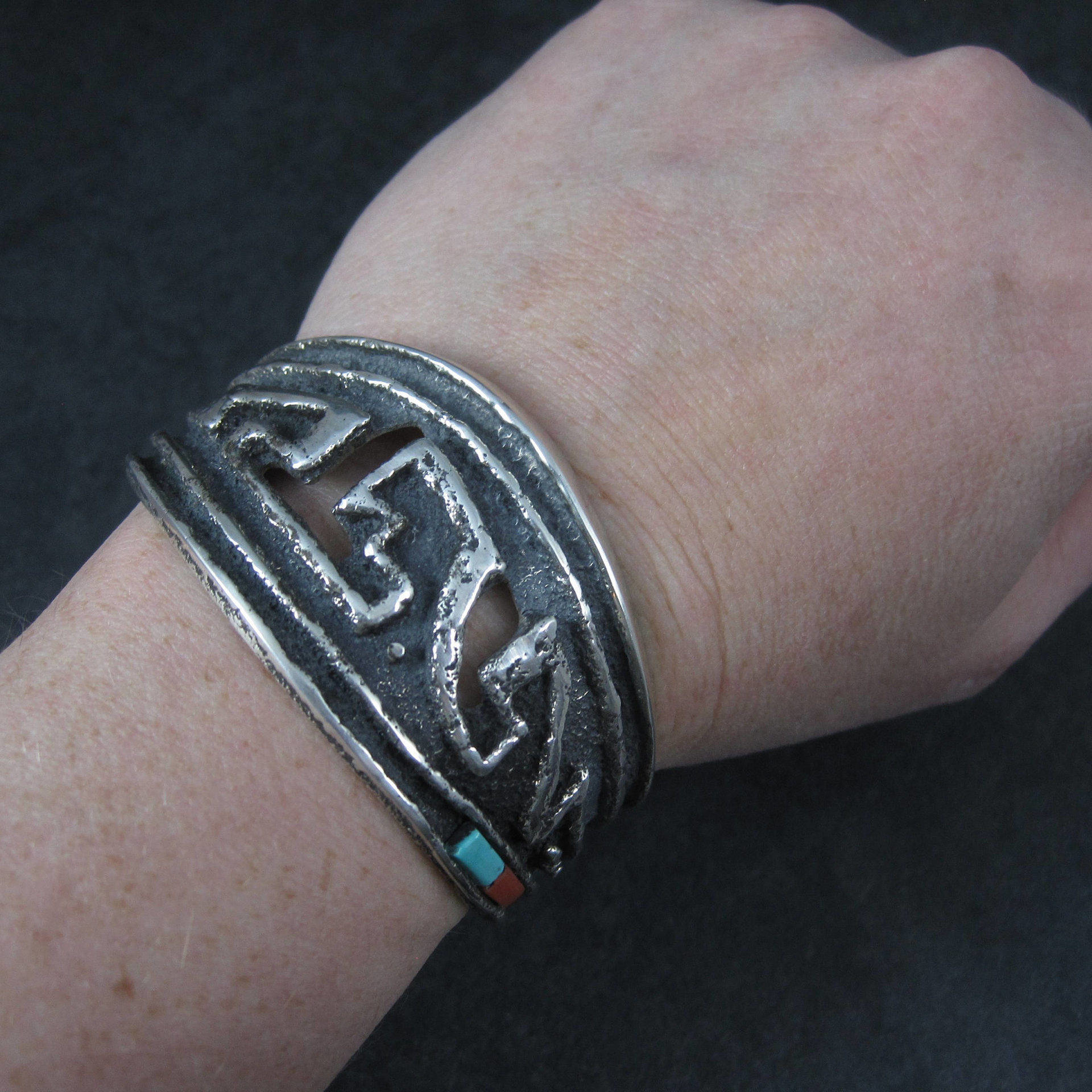 Heavy Vintage Tufa Cast Turquoise Coral Cuff Bracelet 6.25 Inches