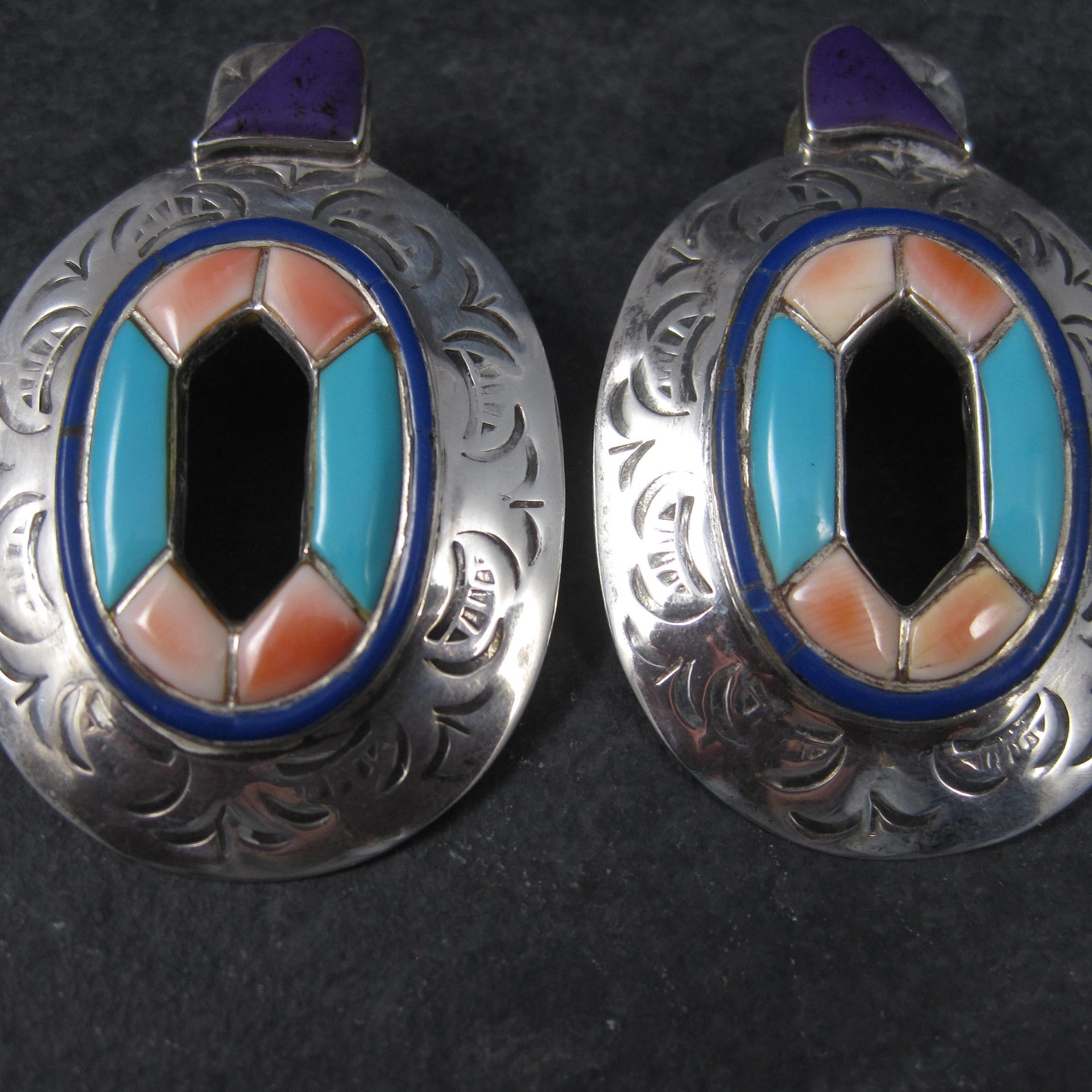 Large Vintage Southwestern Earrings with Turquoise Sugilite and Spiny Oyster Inlay | Bold Sterling Silver Statement Jewelry