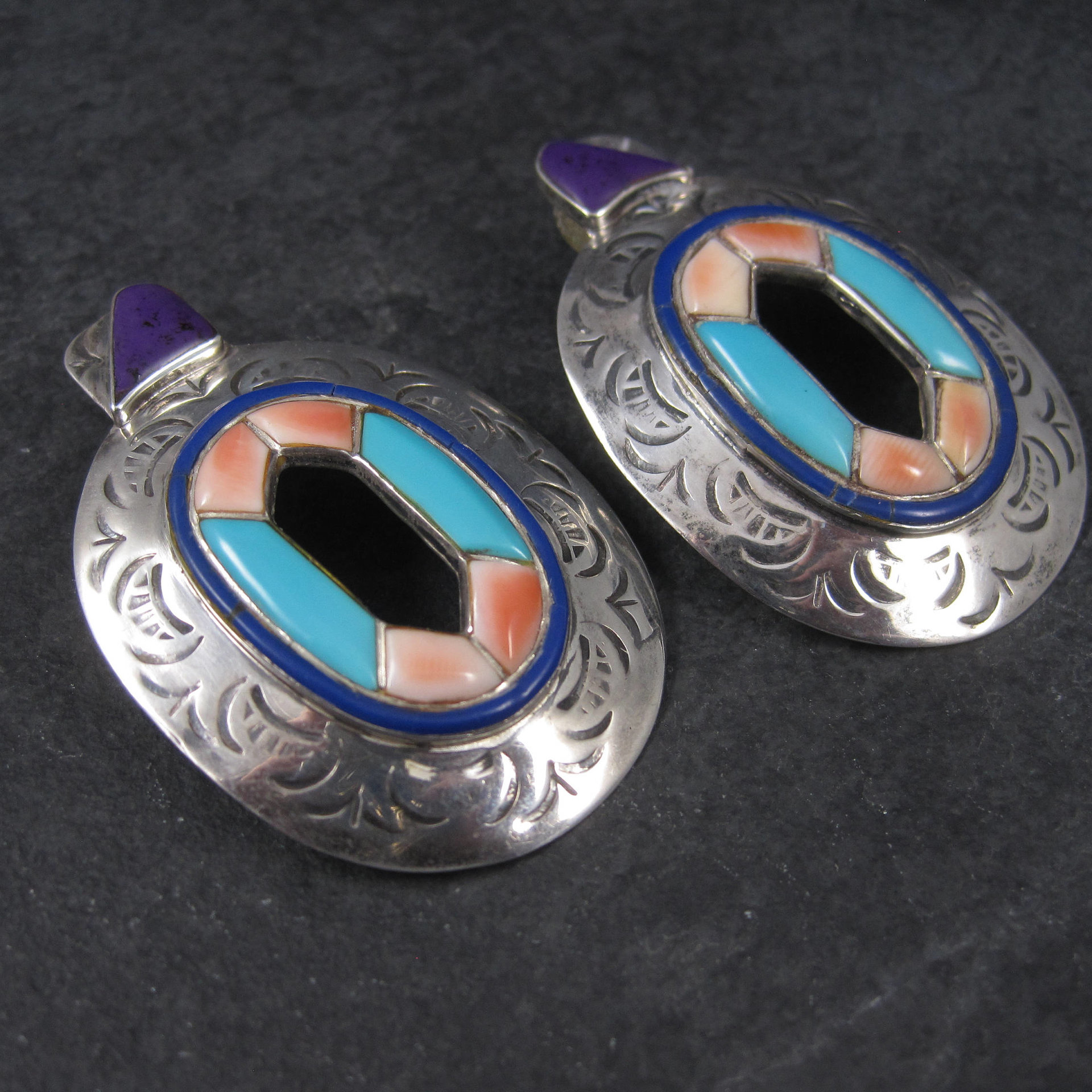 Large Vintage Southwestern Turquoise Spiny Oyster Inlay Earrings