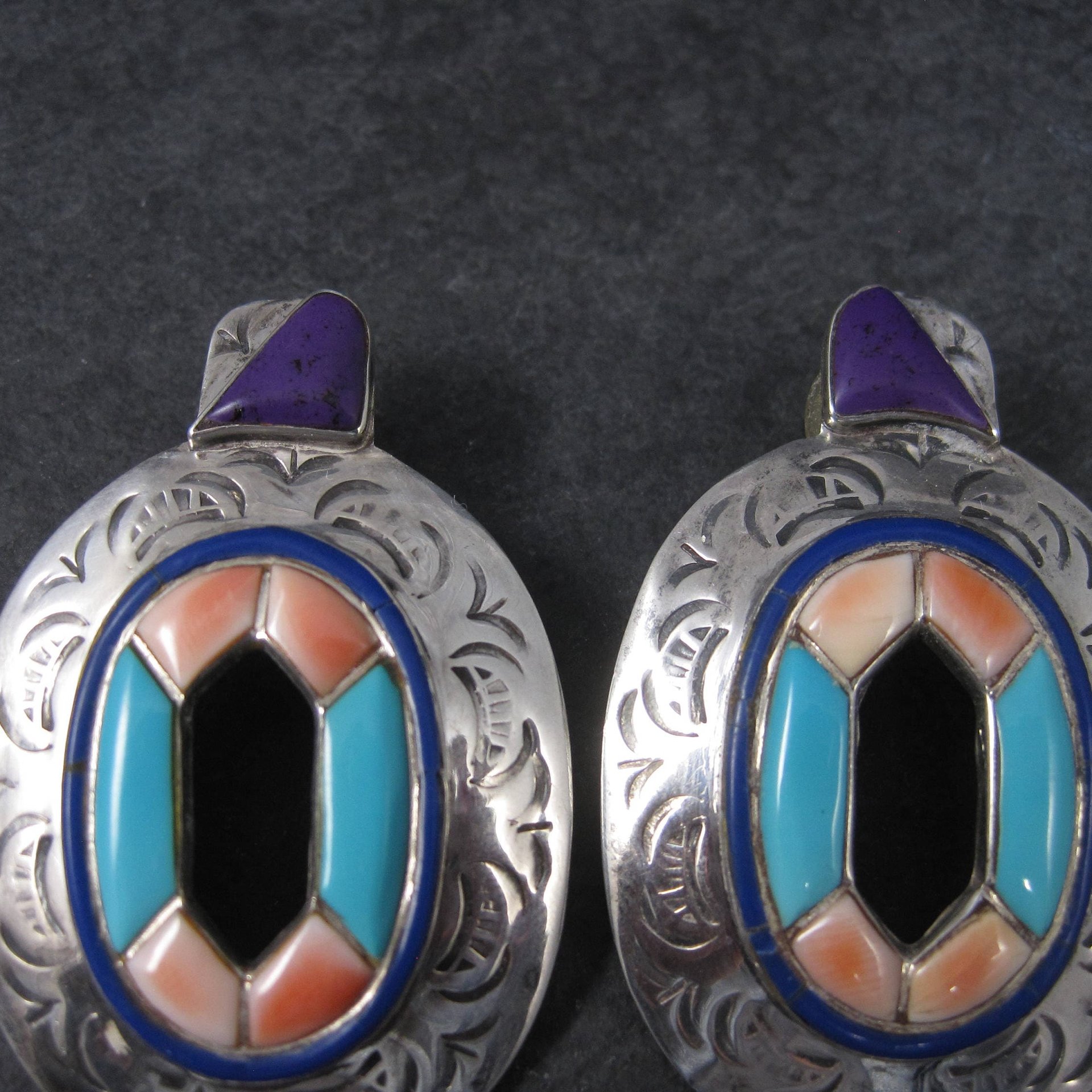 Large Vintage Southwestern Turquoise Spiny Oyster Inlay Earrings