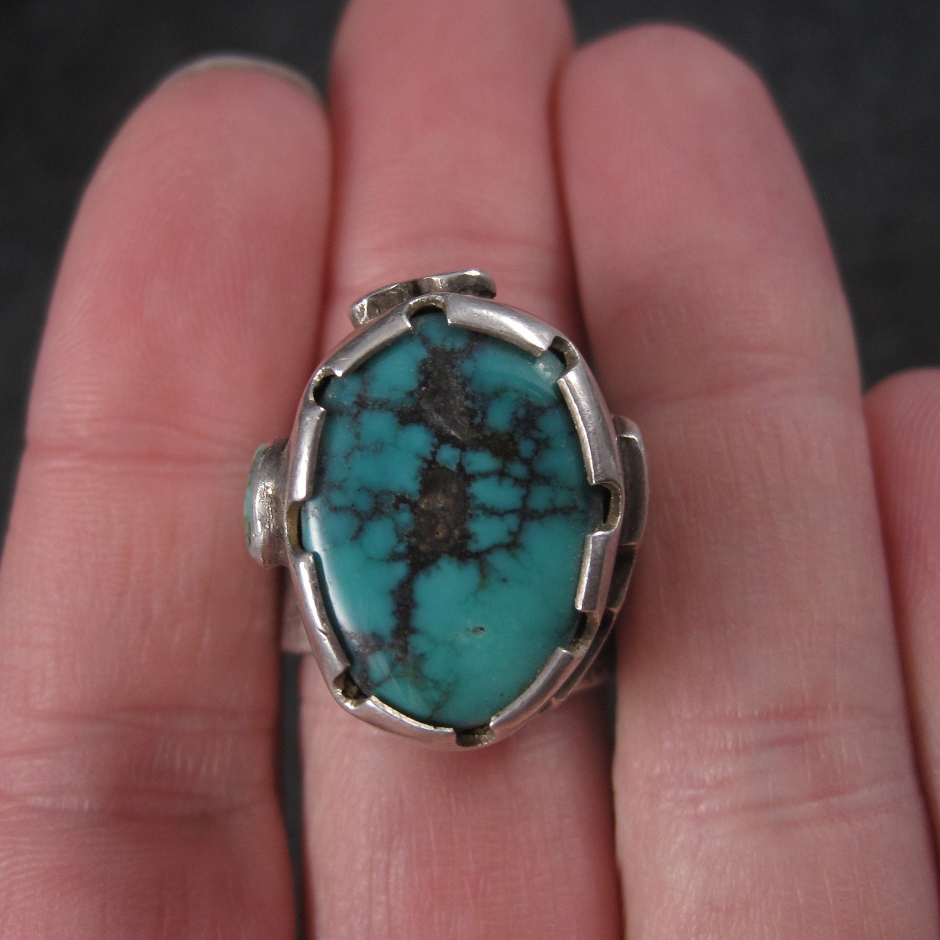 Huge Turquoise Ring Vintage Southwestern Tufa Cast Kewa Jewelry Size 6.5