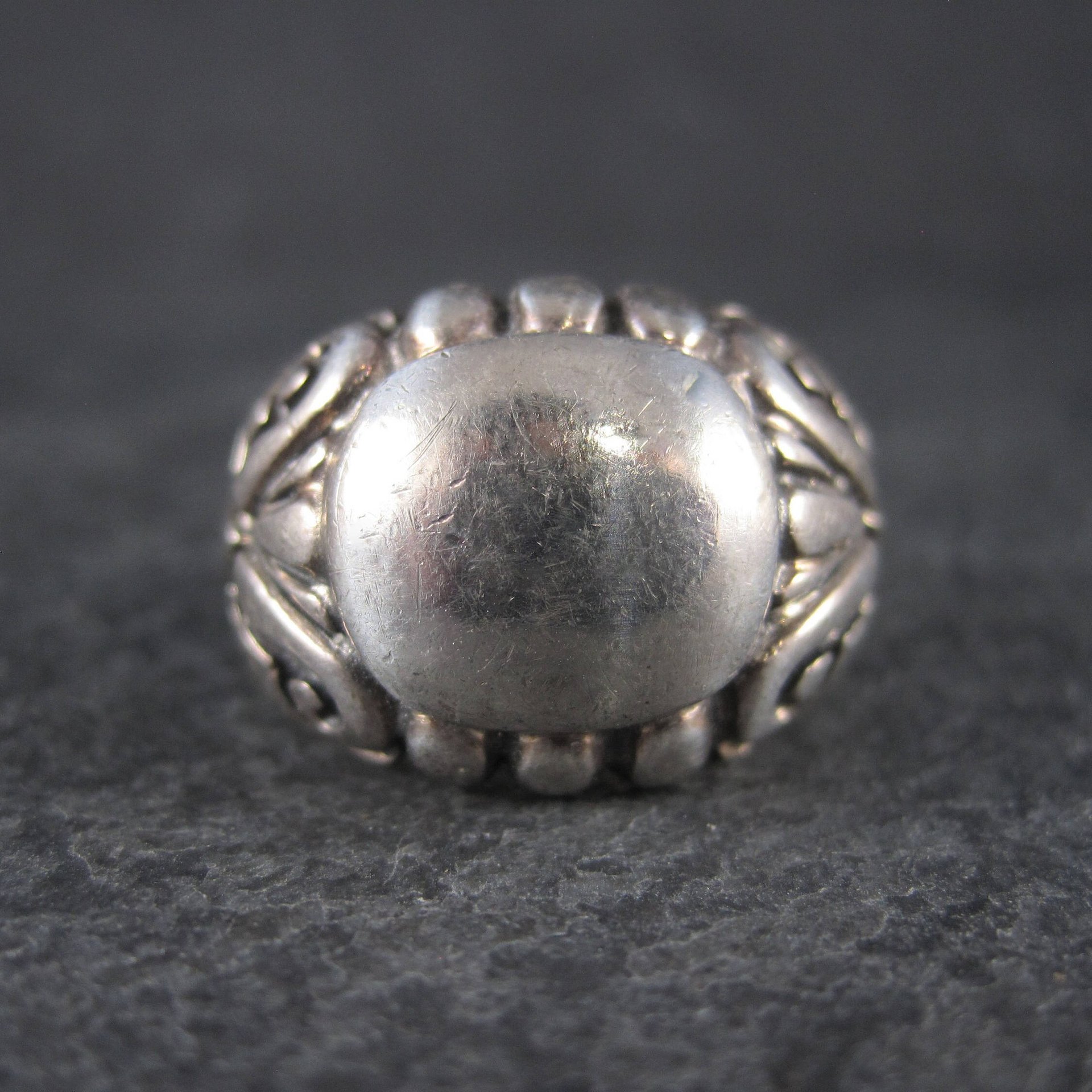 Heavy Vintage Gothic Dome Ring Sterling Size 7.5