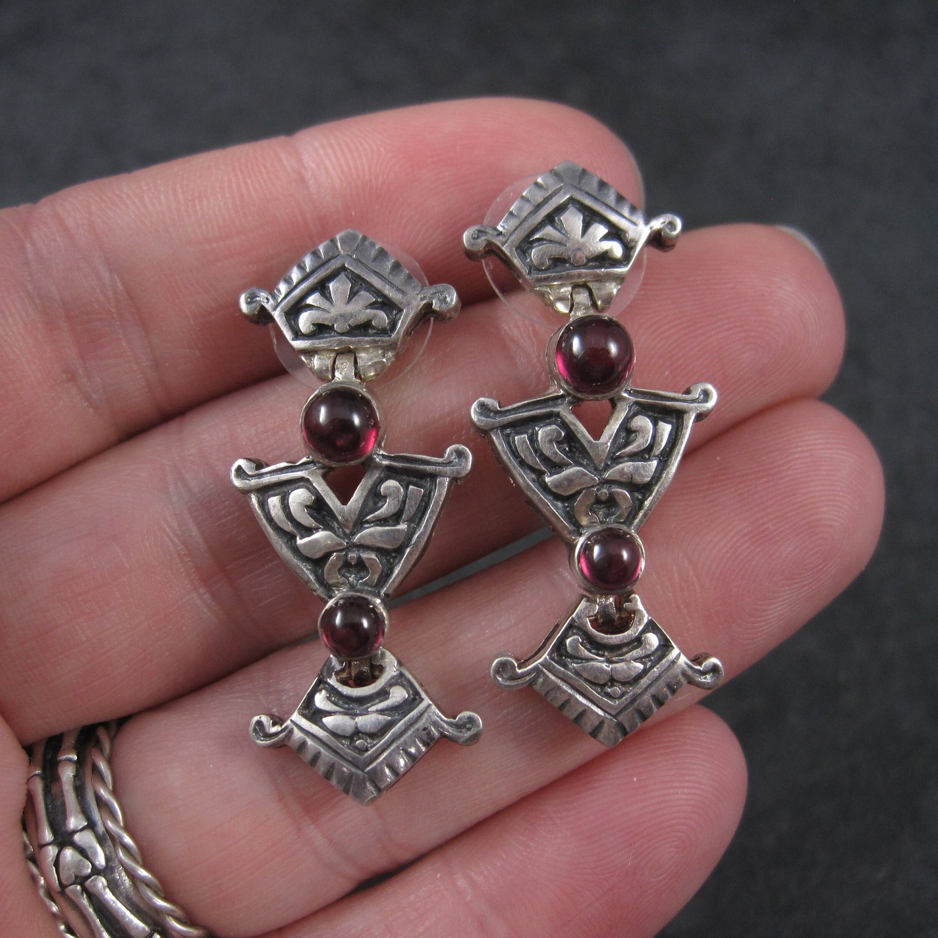 Art Nouveau Style Garnet Earrings Vintage Sterling Silver