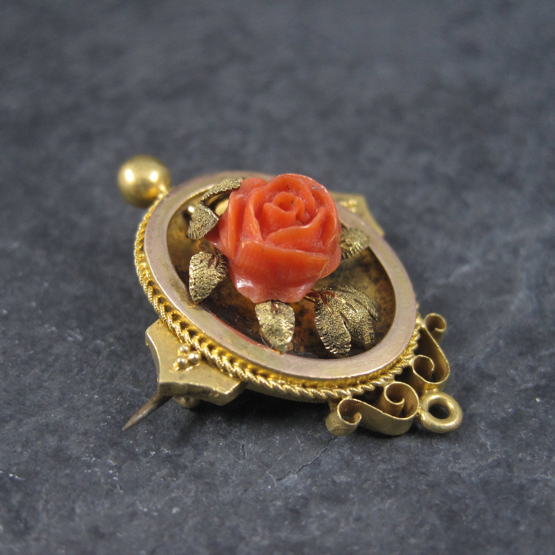Antique Victorian 14K Coral Rose Brooch Pendant