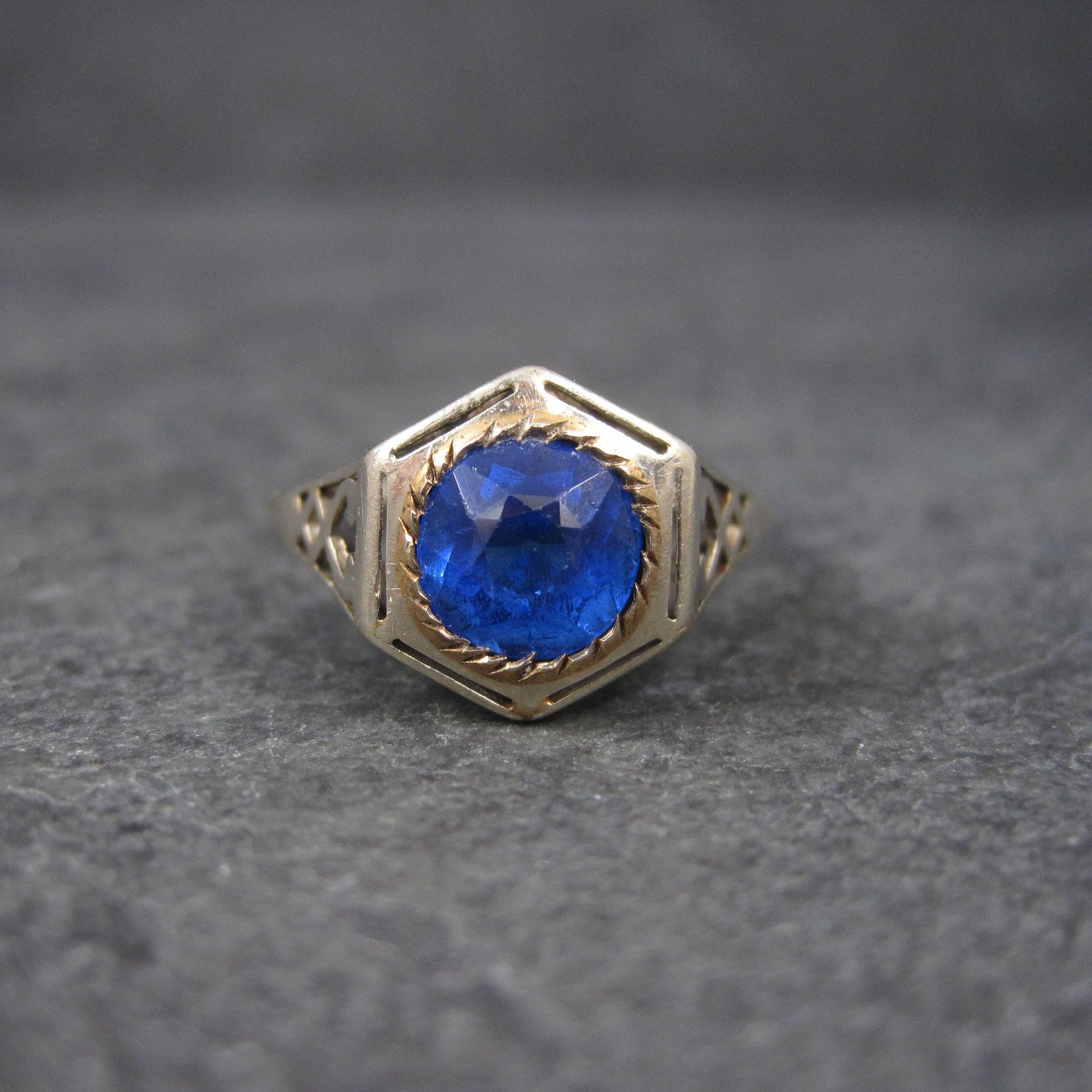 Antique 14K Blue Glass Ring Size 7.5