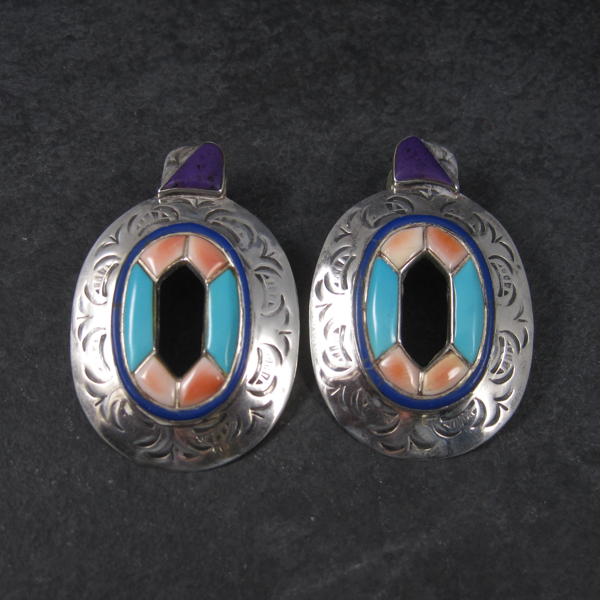 Large Vintage Southwestern Turquoise Spiny Oyster Inlay Earrings