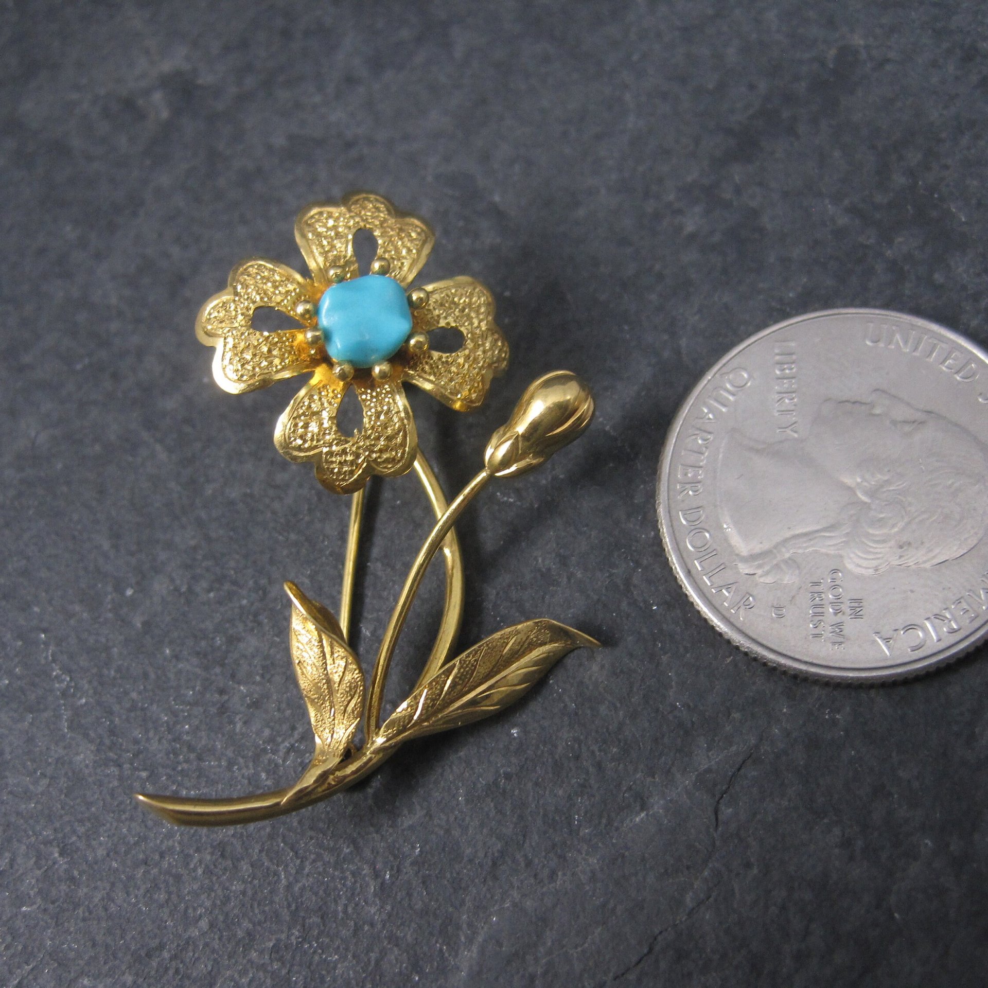 Vintage 14K Turquoise Flower Brooch