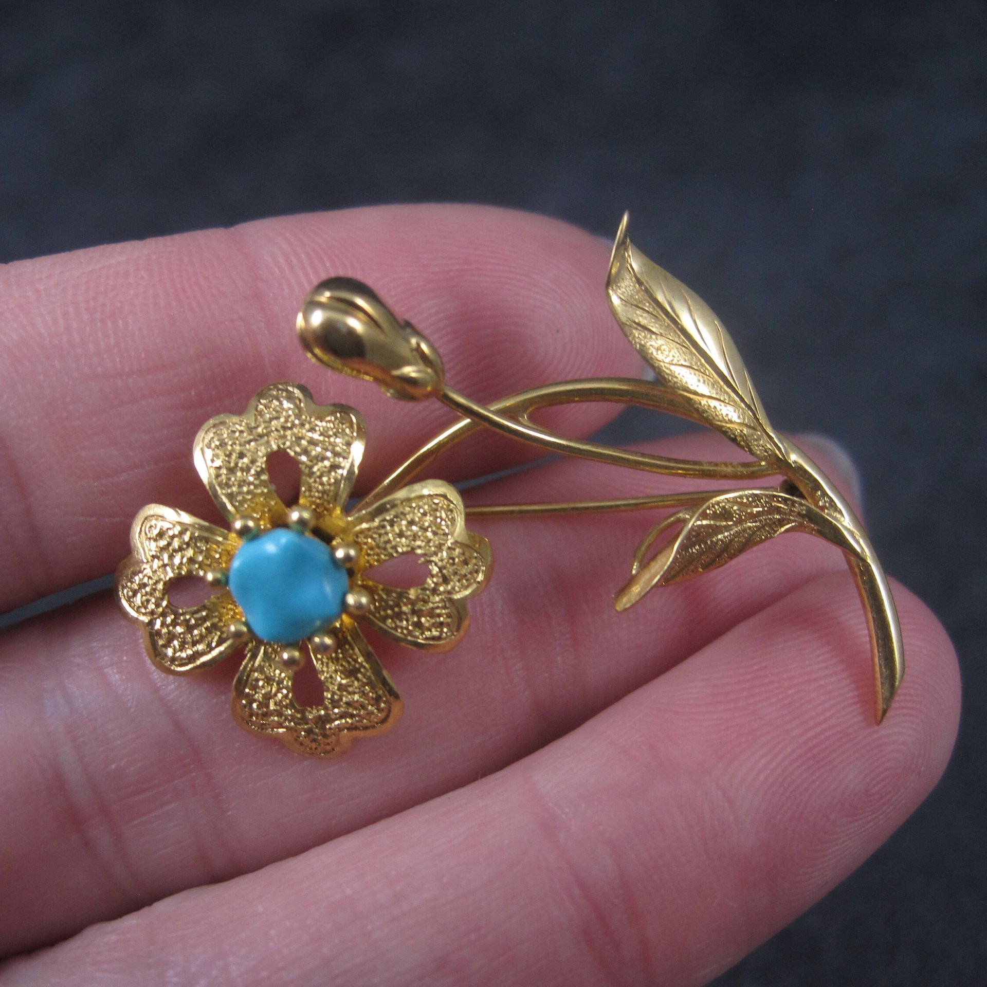 Vintage 14K Turquoise Flower Brooch